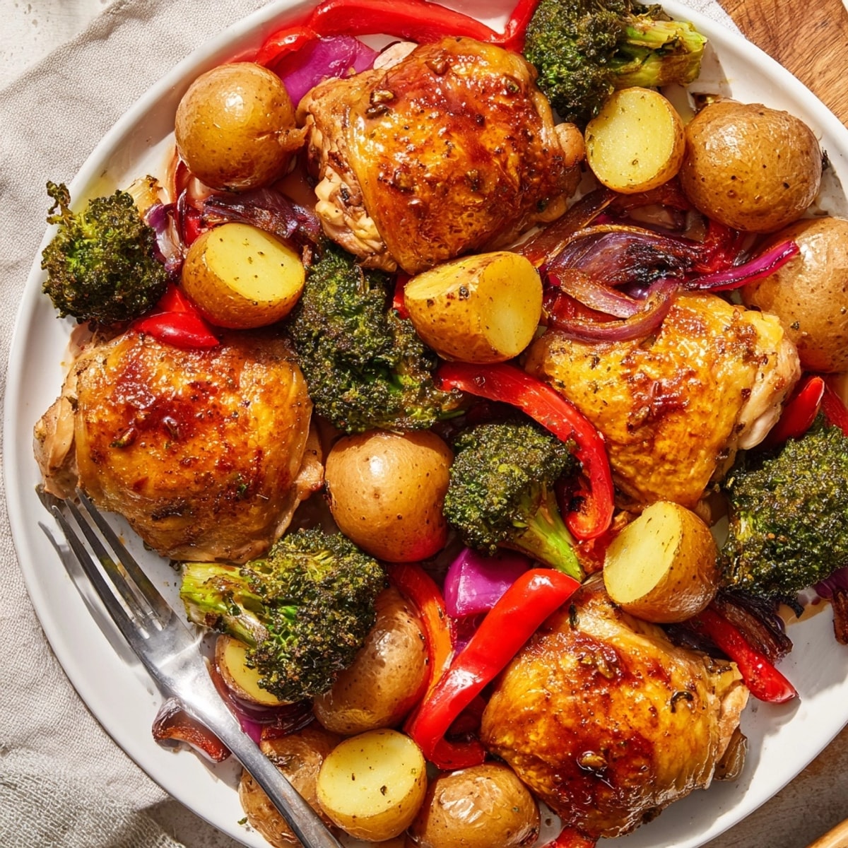 Juicy honey lemon roasted chicken sheet pan dinner with colorful veggies on parchment.