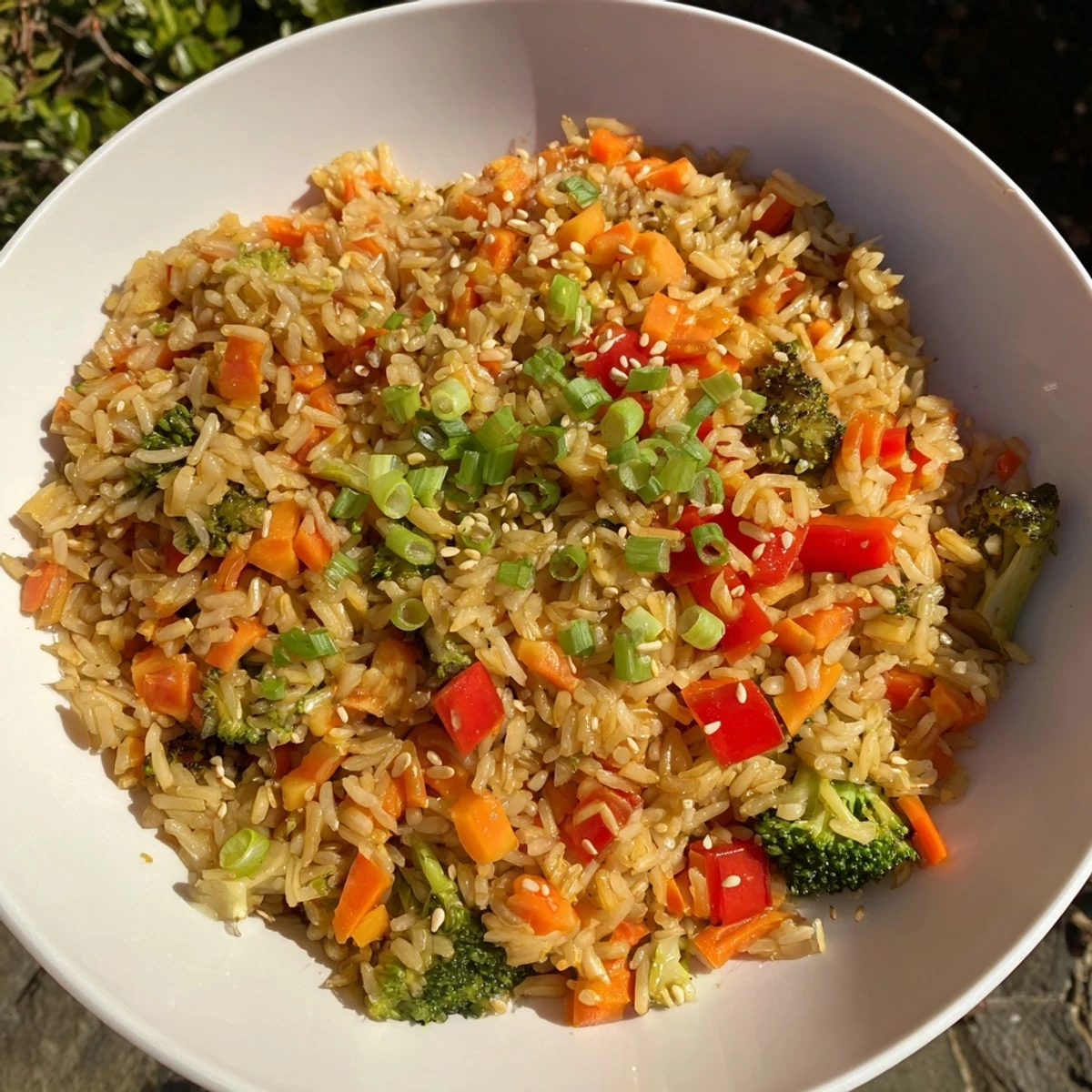 Golden, crispy vegetable fried rice bowls with vibrant colorful vegetables and toasted sesame seeds.