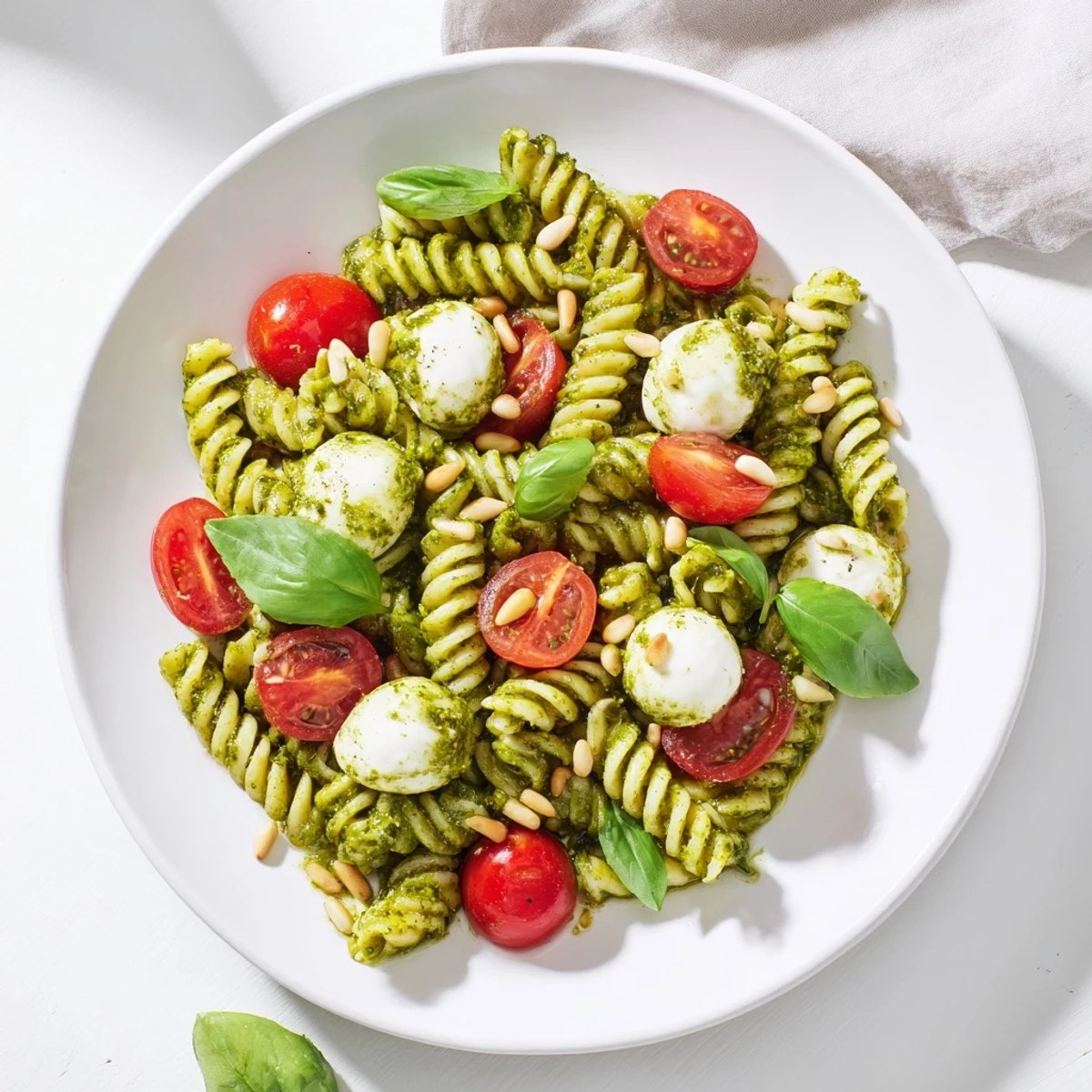 Vibrant cold pasta salad with pesto, mozzarella, and cherry tomatoes, ready for a picnic.
