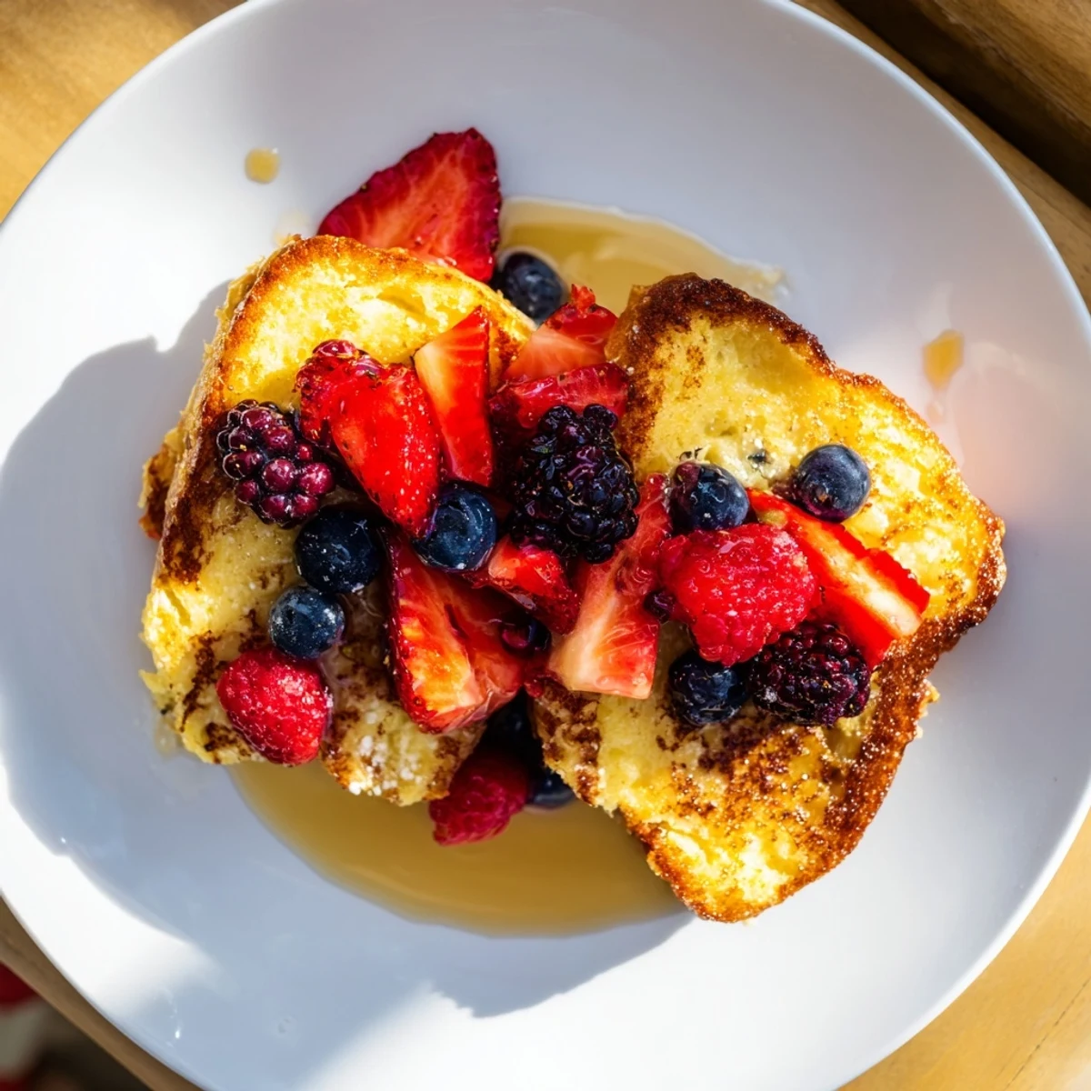 A delightful plate of warm French toast, berries bursting with flavor, drizzled with maple syrup.