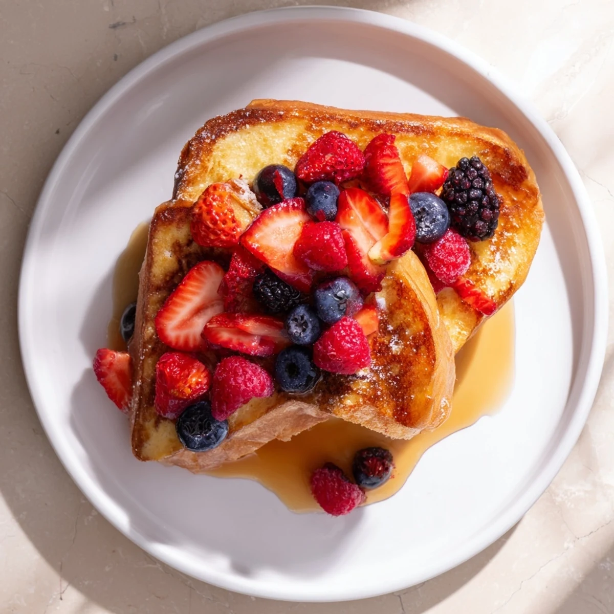 Imagine fluffy French toast with fresh berries; a classic breakfast, elevated with syrup.