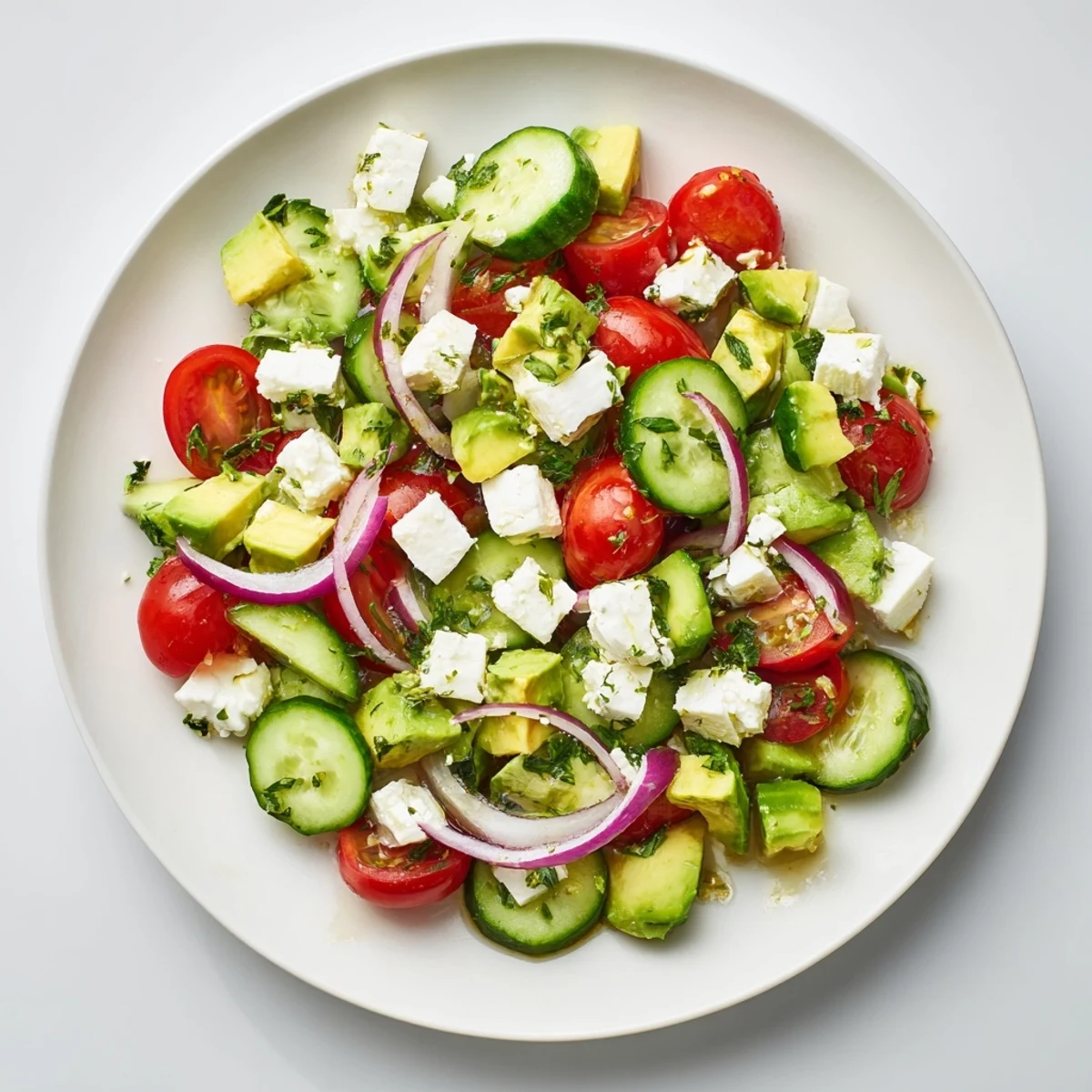 Fresh cucumber, tomato, and avocado salad, a colorful, vibrant Mediterranean delight, ready to serve.