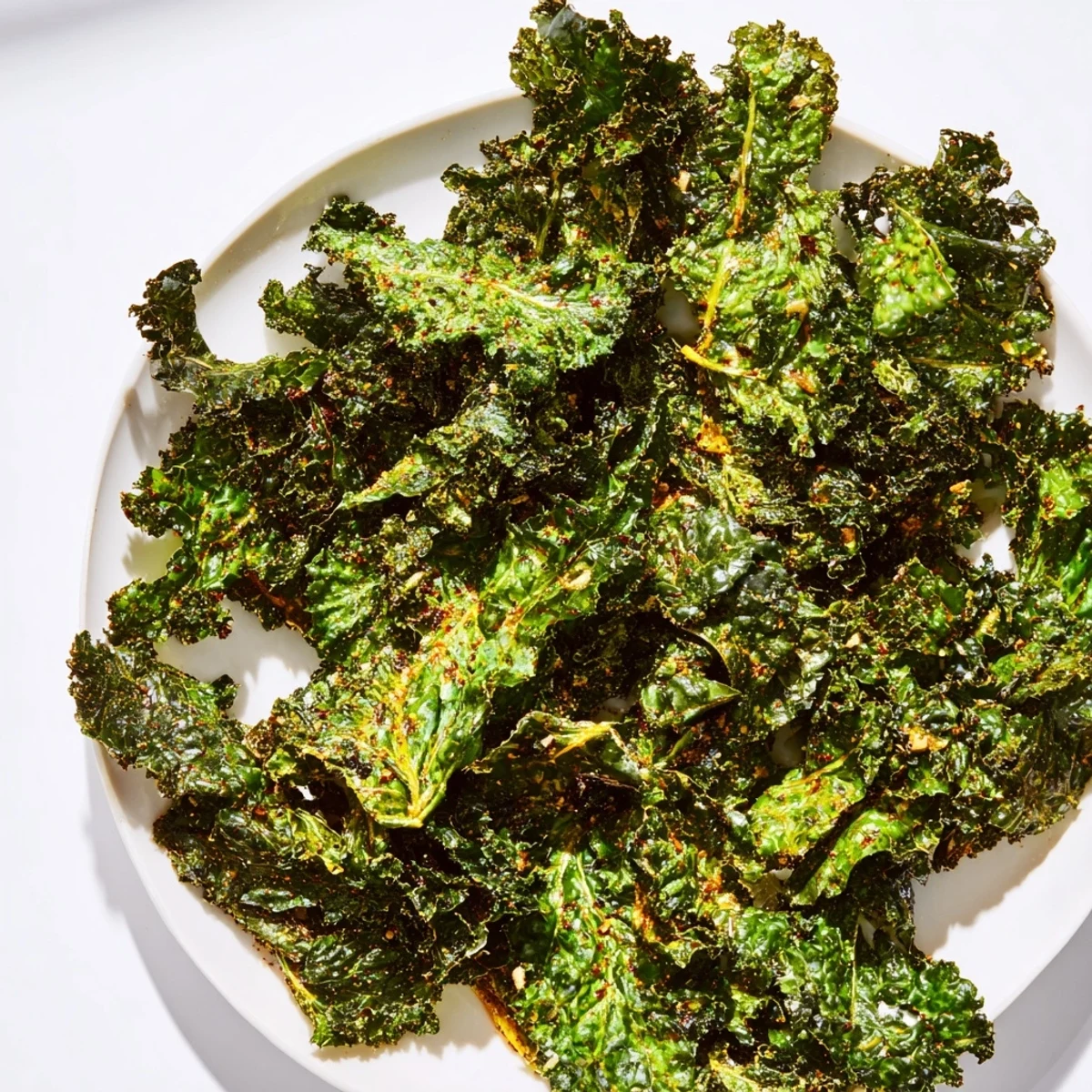 Golden, crispy kale chips baked until perfectly crunchy, a healthy snack option.