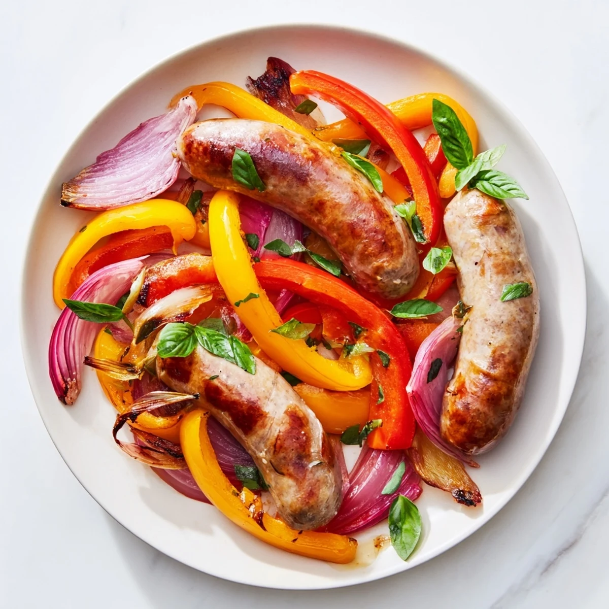 Roasted Italian Sausage, Peppers, and Onions on a sheet pan, showcasing beautifully roasted vegetables and savory sausage.