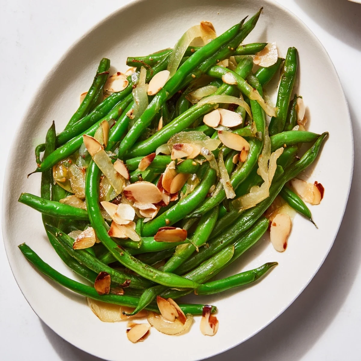 Close-up of Sautéed Green Beans with garlic, almonds, and bright green color on a plate.