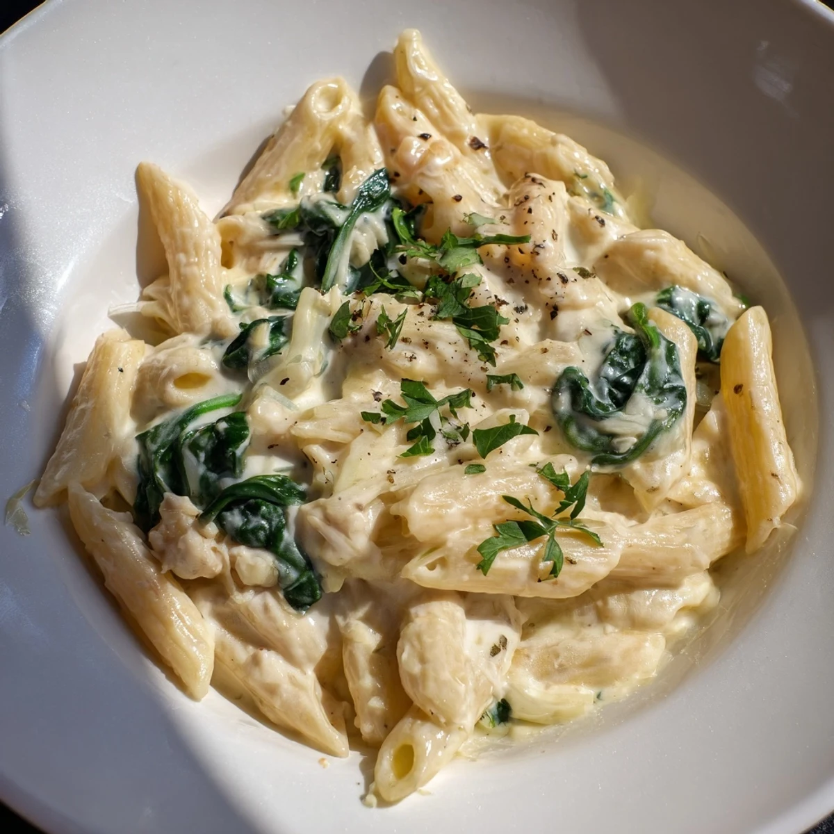 A serving of The Magic Casserole: creamy spinach pasta, bubbling with melted cheese and ready to eat.