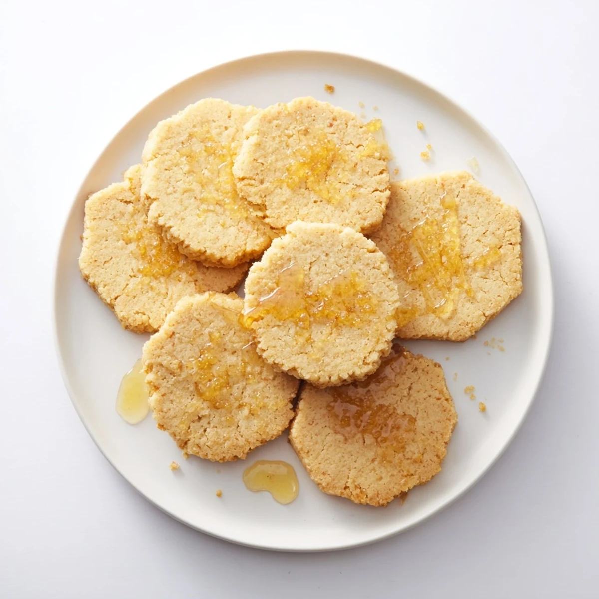 A plate of freshly-baked Honey Butter Shortbread Cookies, smelling of sweet honey and buttery goodness.