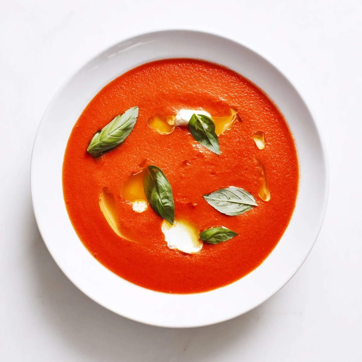 Close-up of a flavorful homemade Tomato and Basil Comfort Soup, garnished with green basil.