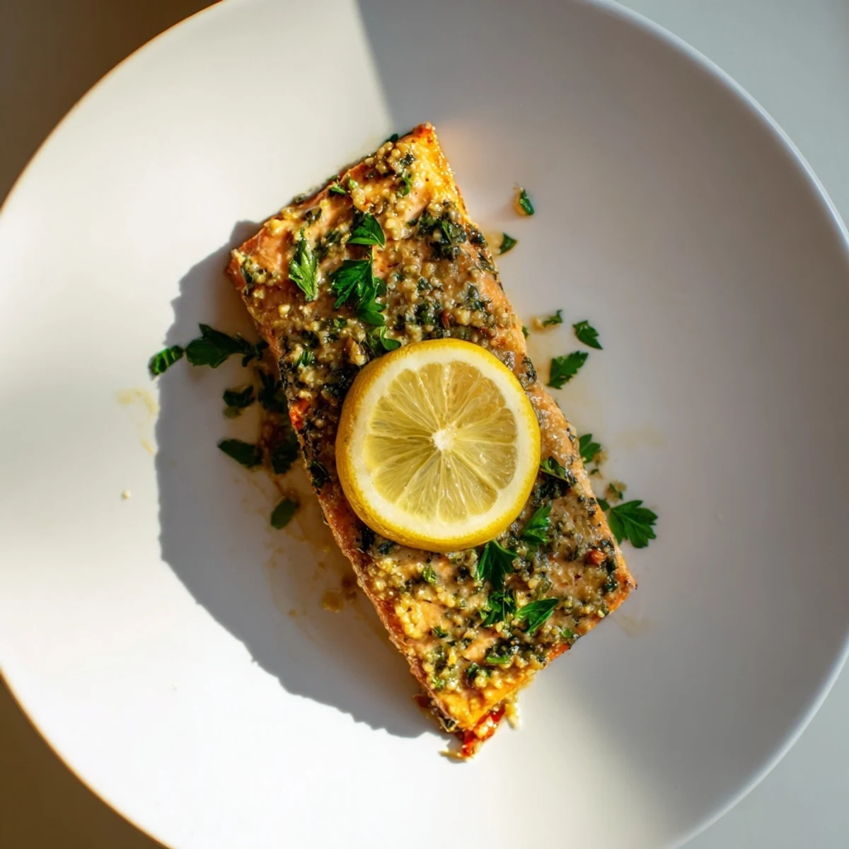 Broiled Express Supper: Honey mustard glazed salmon, ready to serve with fresh parsley and lemon wedges.