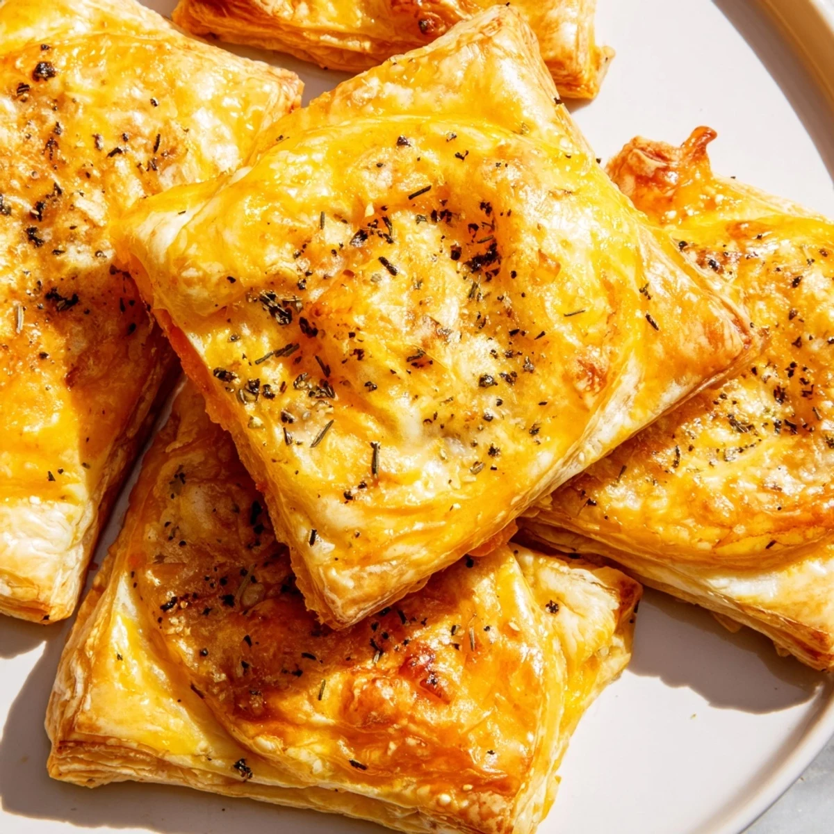 Golden, flaky Cheese and Spice Puff Pastry Bites, fresh from the oven, ready to enjoy with a savory aroma.