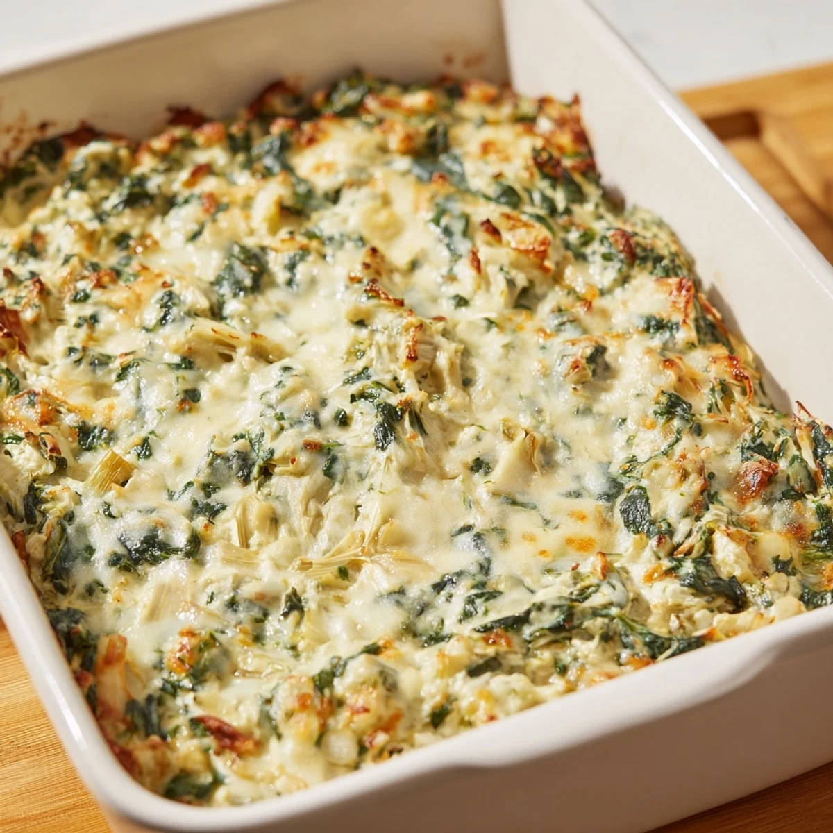 A baked Warm Spinach and Artichoke Dip, bubbling and golden, ready for dipping and sharing.