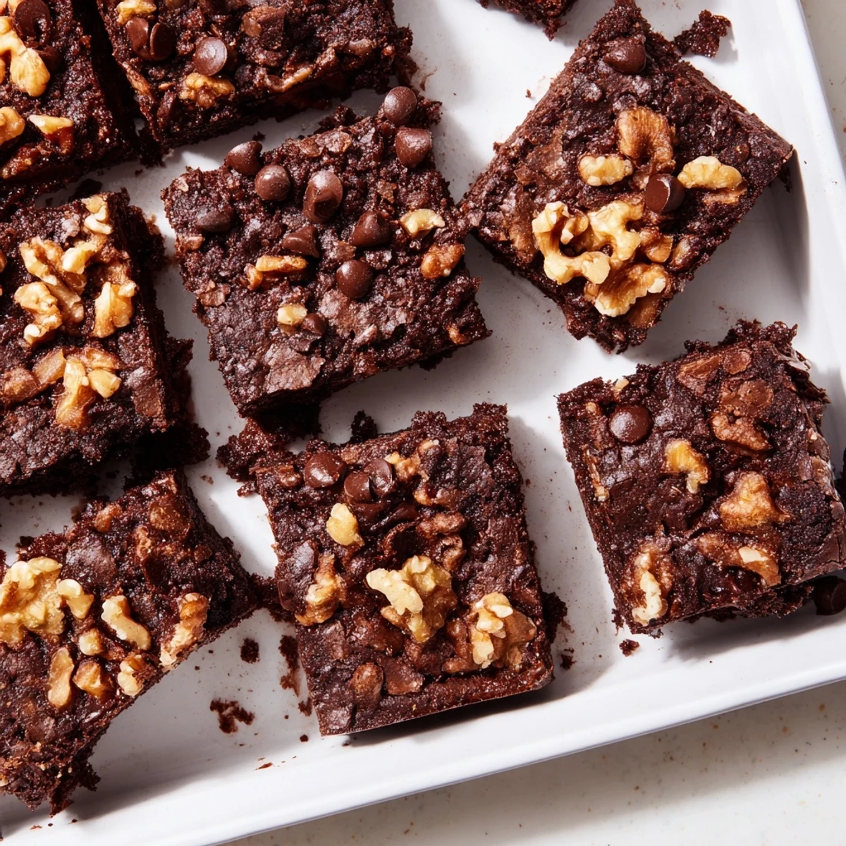 Warm, gooey Fudgy Walnut Brownies in One Baking Pan, packed with chocolate and visible walnut chunks.