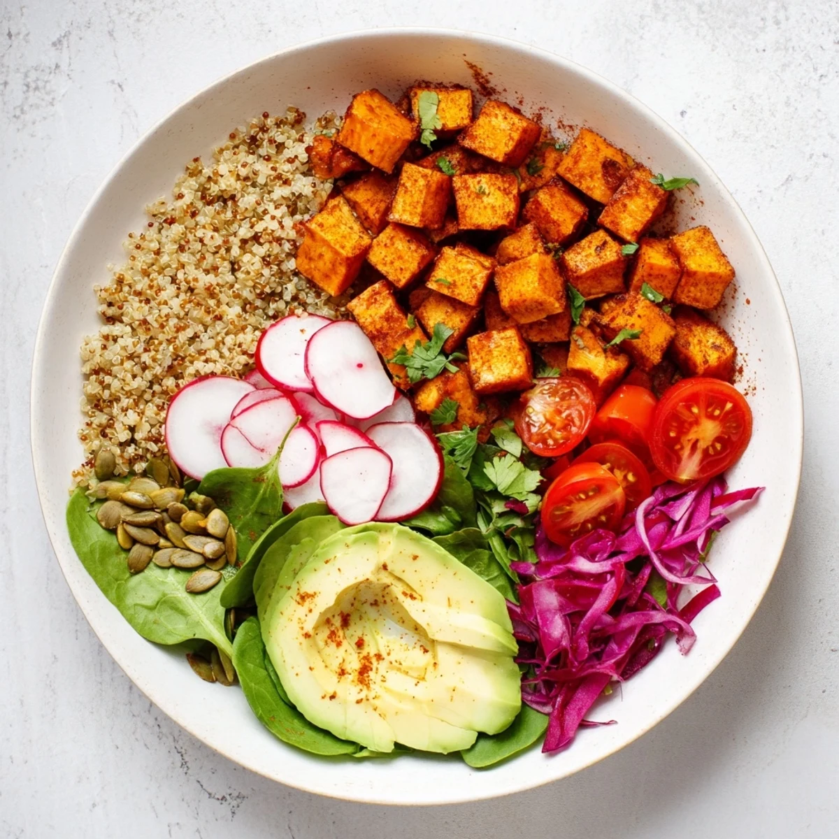 A bright, colorful Complete Veggie Bowl featuring fluffy quinoa, roasted sweet potatoes, and tahini dressing.