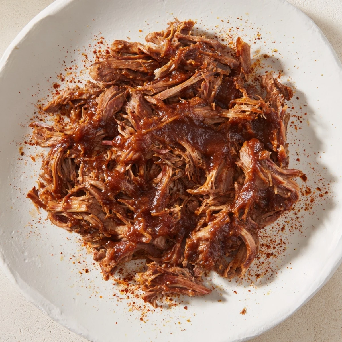 Close-up of savory 5-Ingredient BBQ Pulled Pork, with rich sauce and a perfect texture for serving.