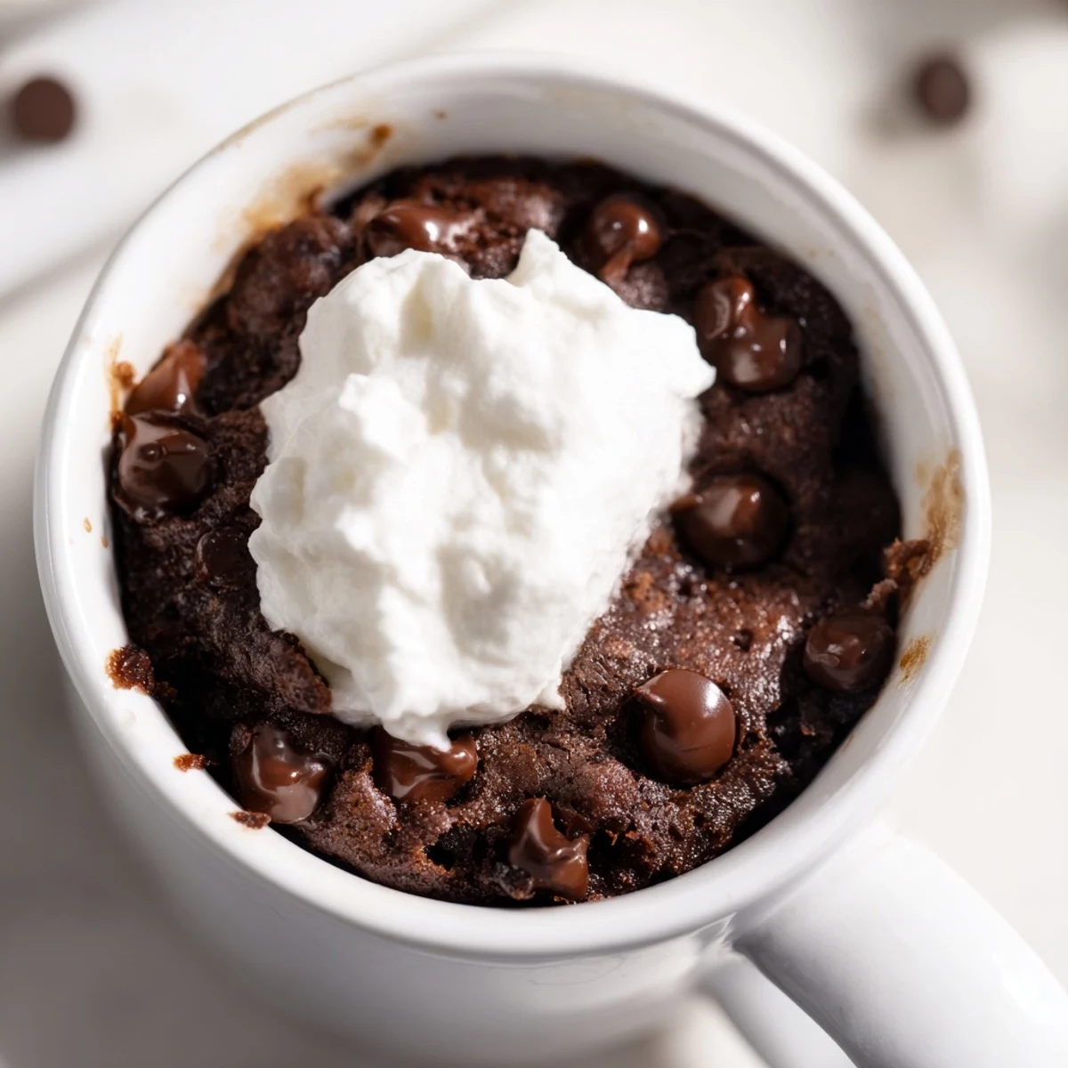 Warm, gooey chocolate mug cake, topped with fluffy whipped cream – a quick dessert delight.