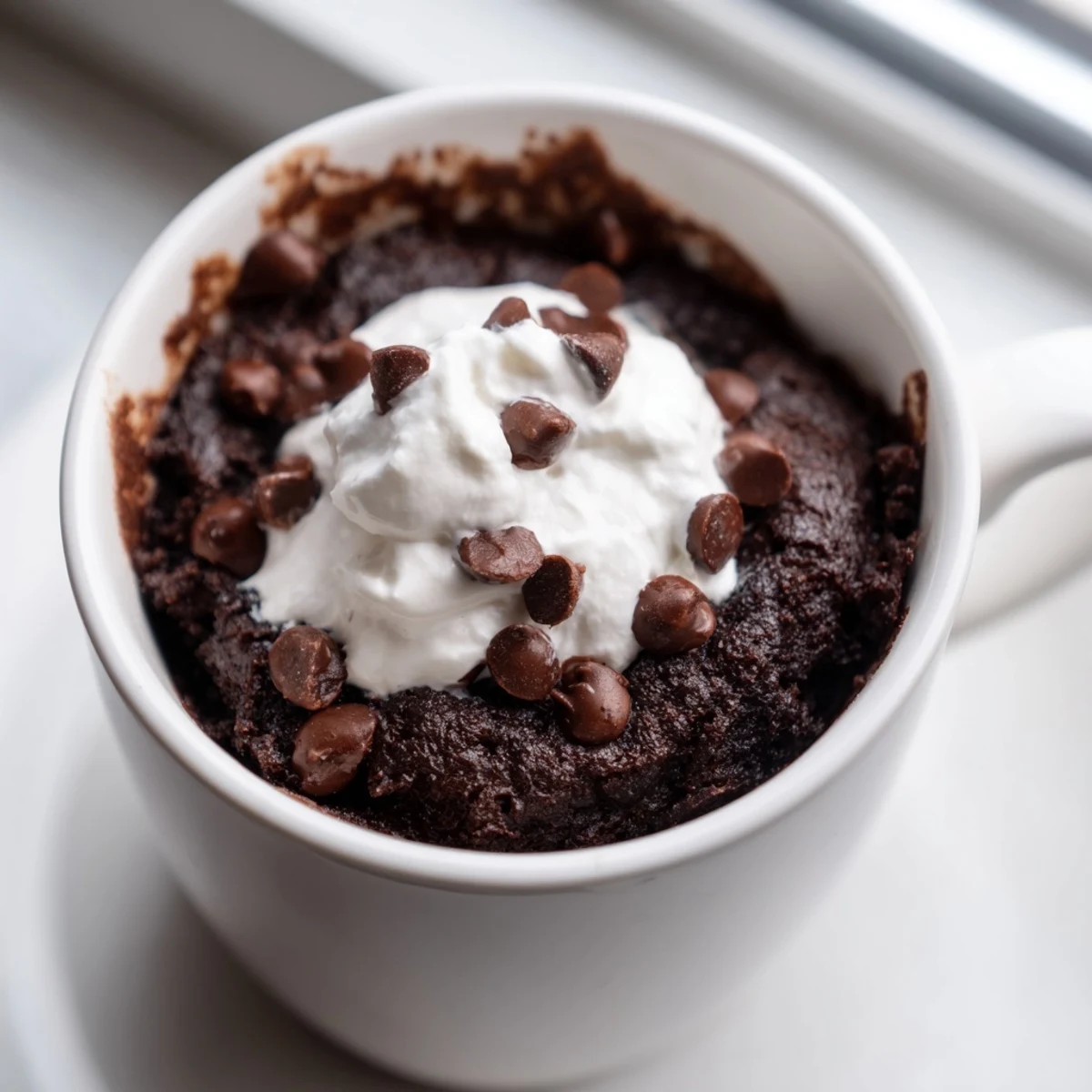 Steaming-hot chocolate mug cake, with chocolate chips swirled inside, ready for a delicious bite.