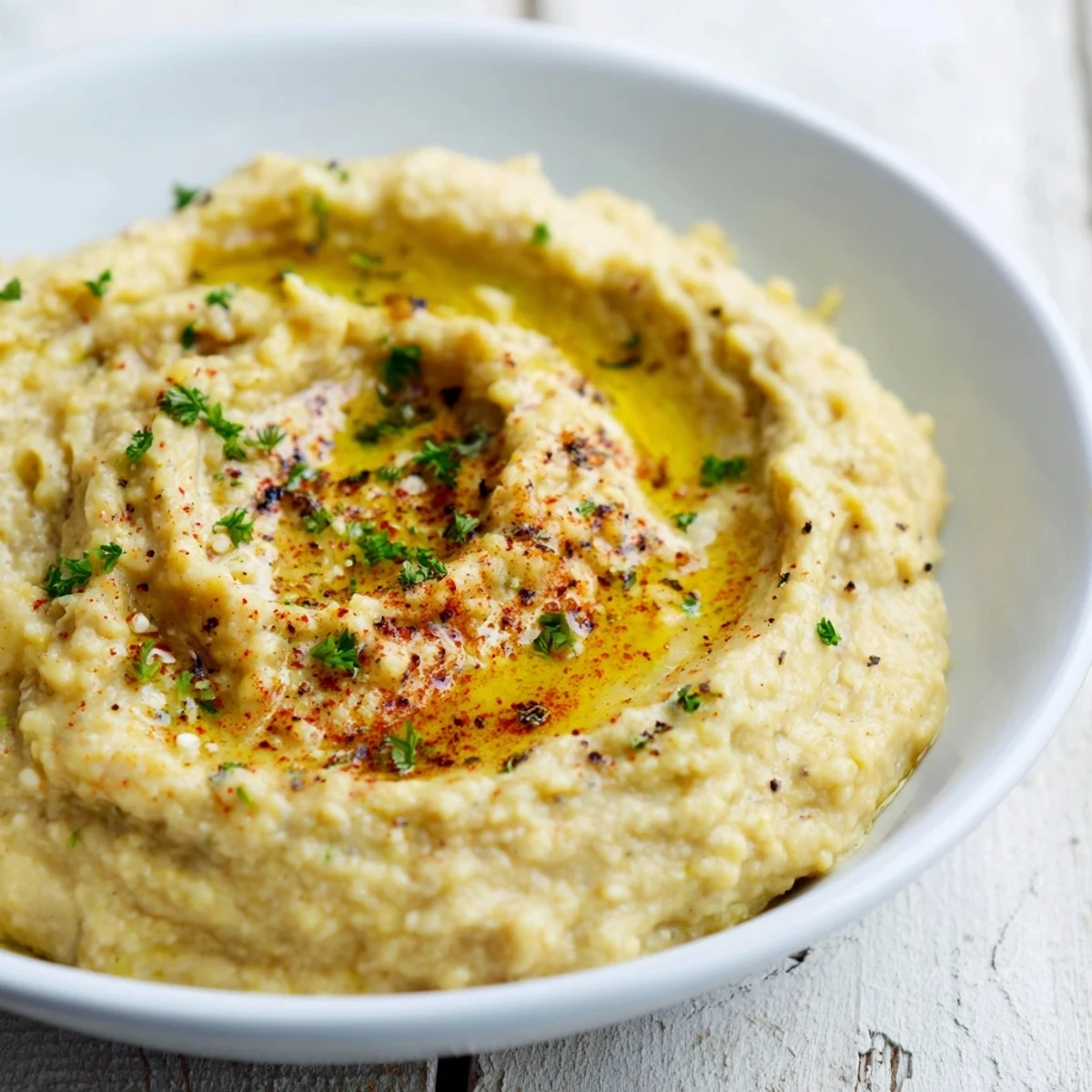 A bowl of rich, creamy Perfect 5-Minute Homemade Hummus, garnished with fresh parsley and olive oil.