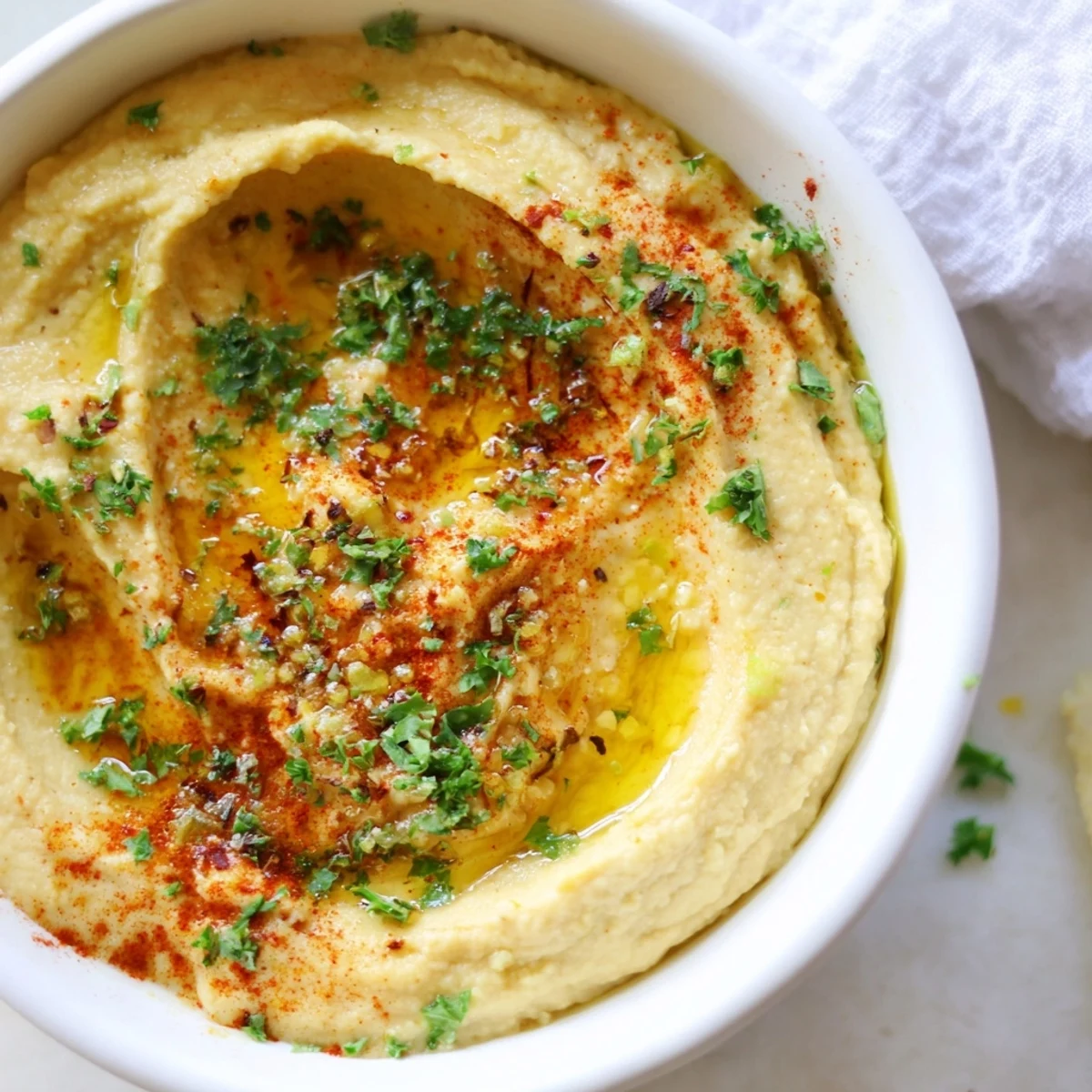 Close-up of freshly made Perfect 5-Minute Homemade Hummus, perfect for dipping vegetables or pita bread.