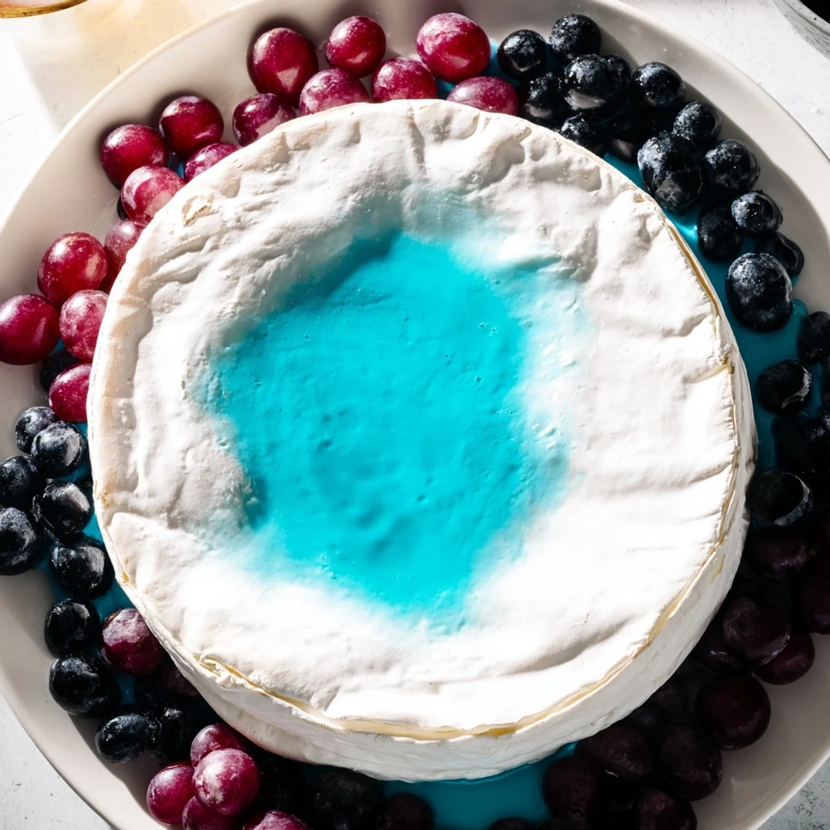 The Floating Island: creamy cheese wheel island floating elegantly amid a sea of vibrant blue yogurt.