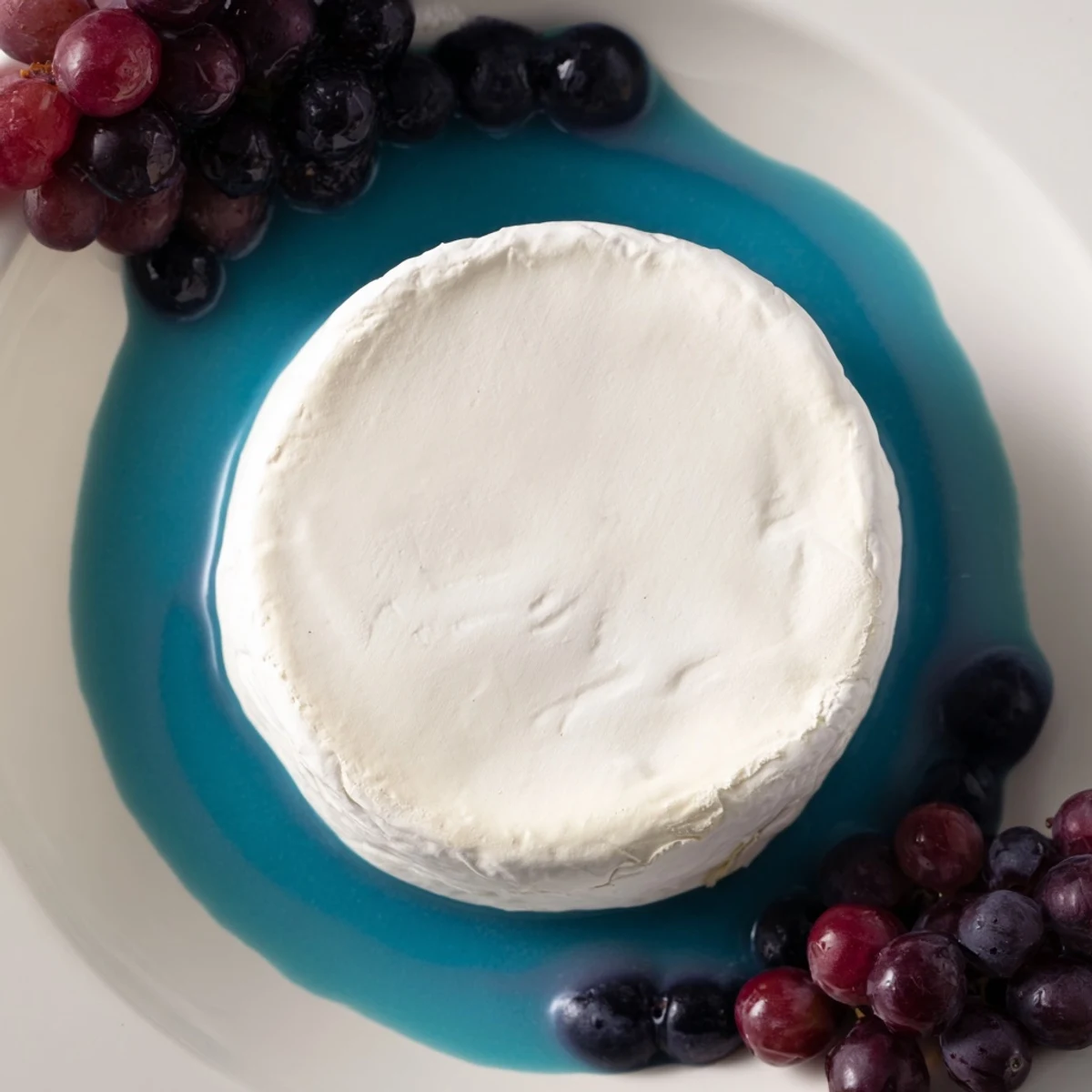 A visually stunning The Floating Island recipe, featuring a whole cheese "island" ringed by juicy grapes.