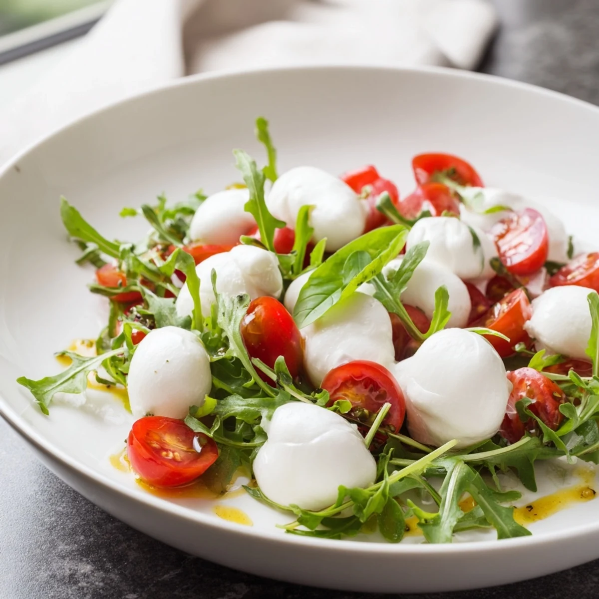 Fresh The Pearly Strand salad with vibrant tomatoes and creamy mozzarella pearls, drizzled with olive oil.