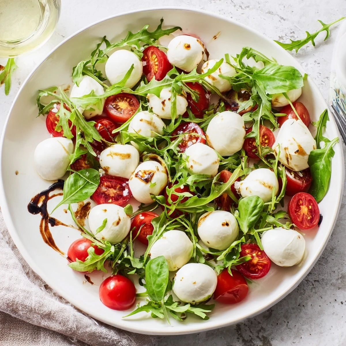 Bright, Italian-inspired The Pearly Strand salad showcasing basil, arugula, and a stunning strand of cheese.