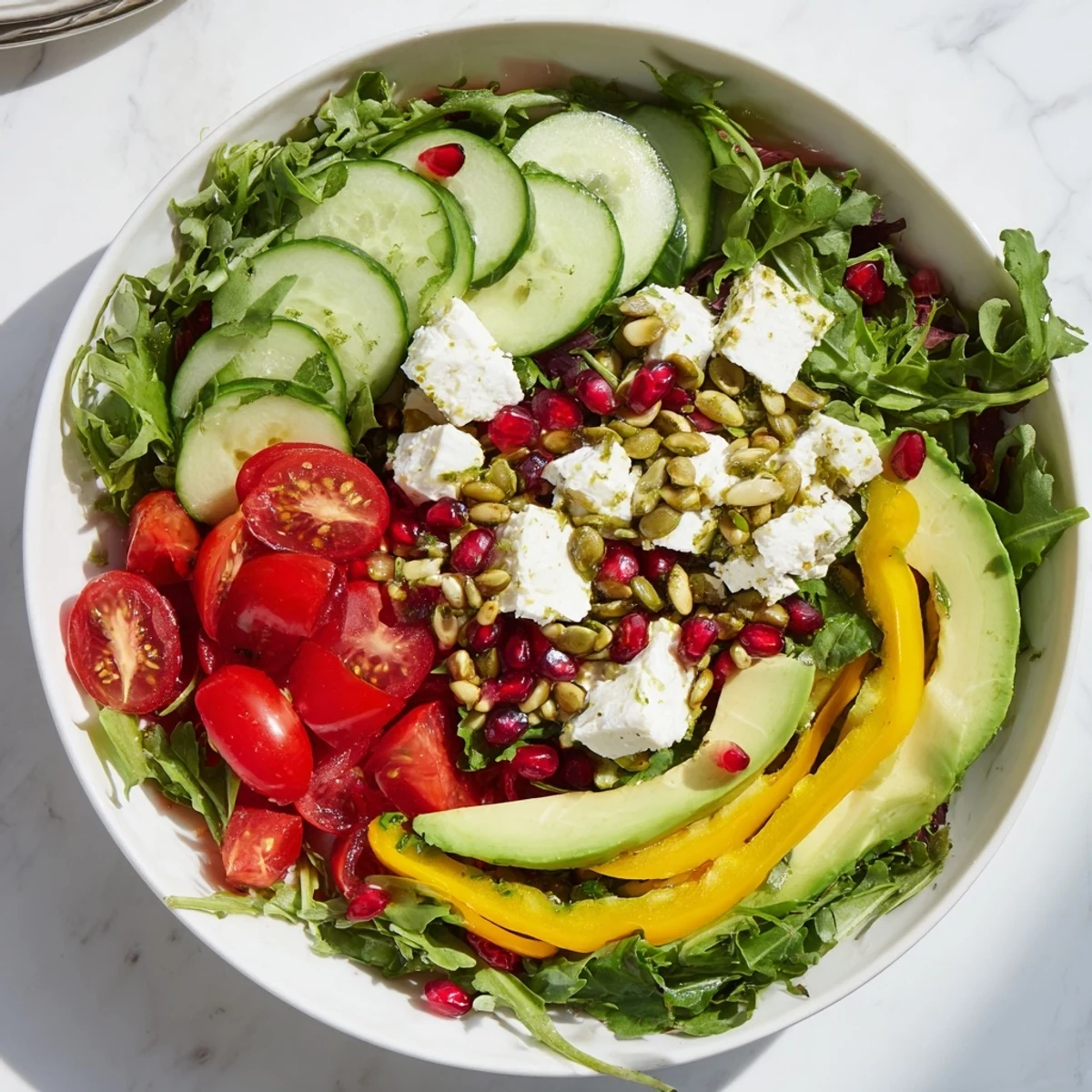 Stunning Golden Ratio Salad, the artful blend of greens and colorful fruits ready to enjoy.