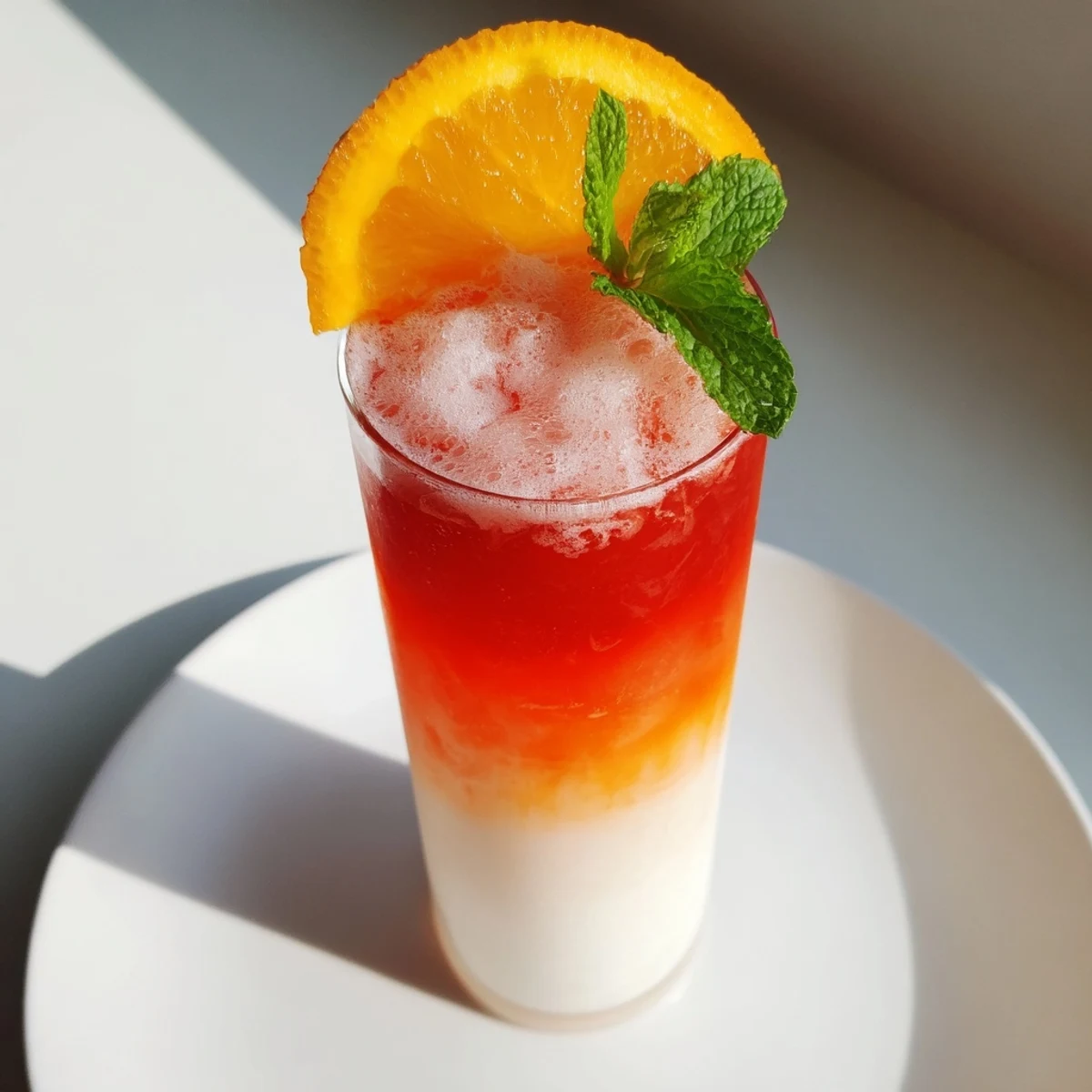 The layered Alpine Sunrise mocktail, a creamy white base rising to a red, sunrise top; gorgeous!