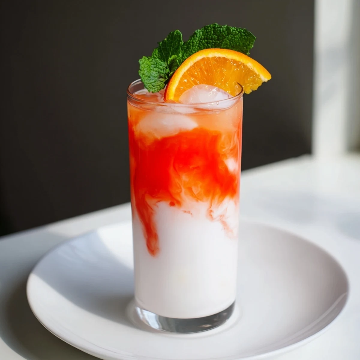 Enjoy a stunning Alpine Sunrise: a beautiful photo of the layered mocktail, ready to brighten your morning!