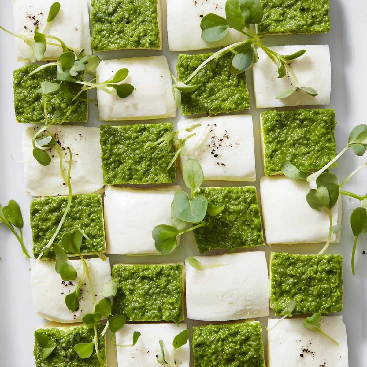 Checkerboard Garden appetizer, showcasing creamy white cheeses and vibrant green herb squares, artfully arranged for serving.