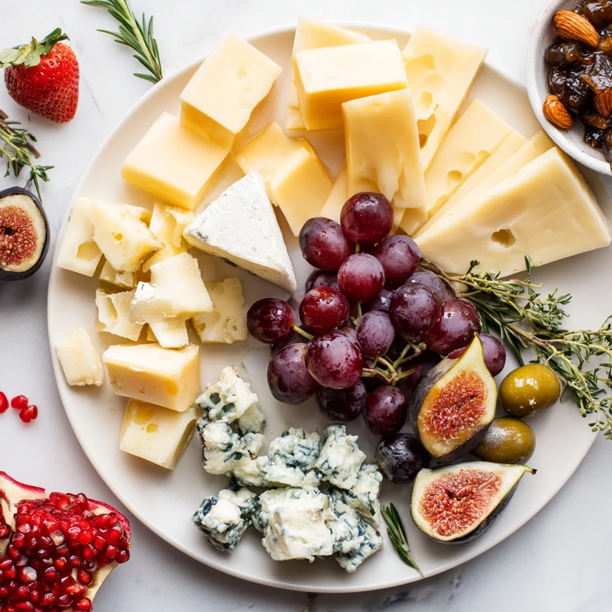 A close-up of The Final Curtain grazing board featuring brie, grapes, and pomegranate seeds cascading.