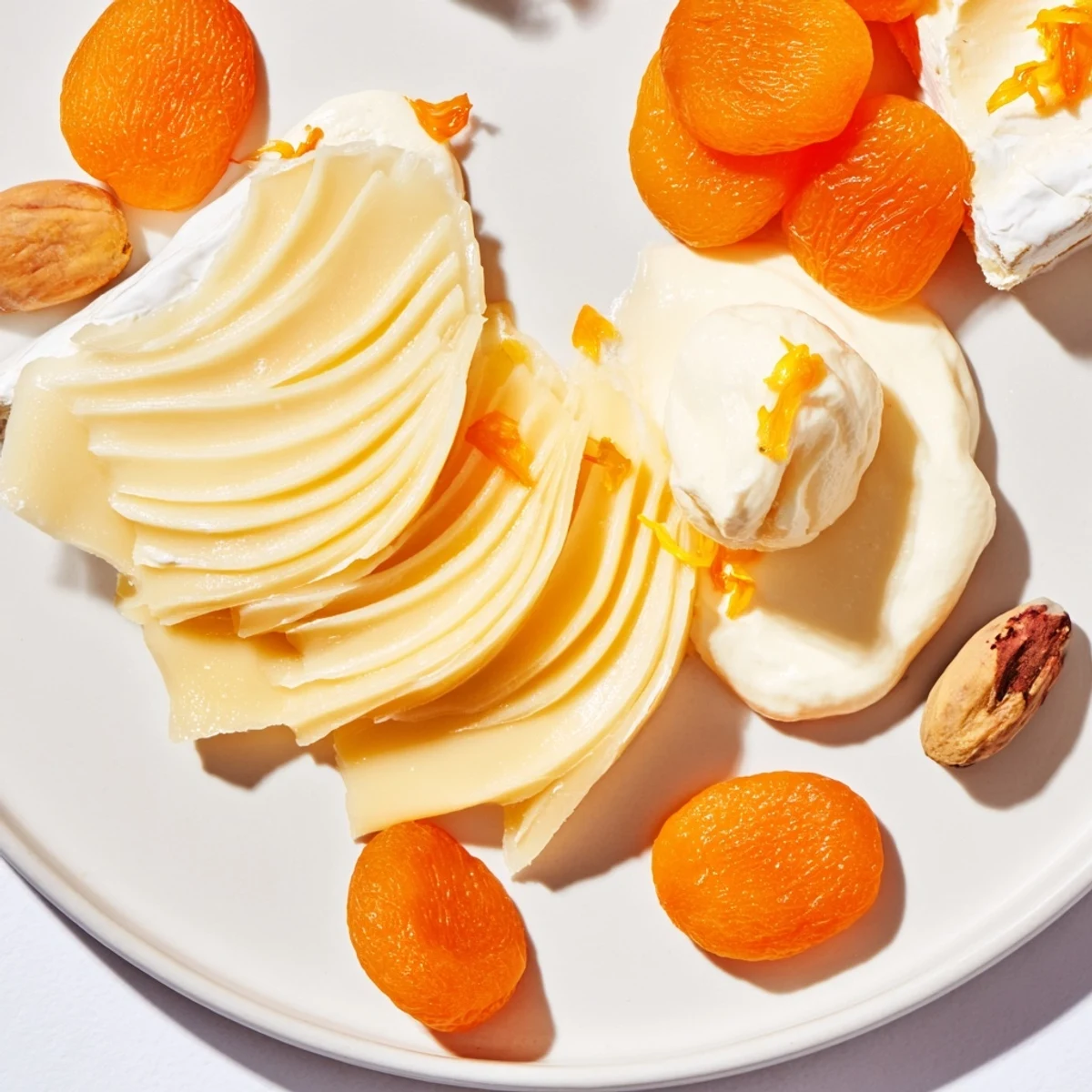 Arranged artfully, The Saffron Silk cheese board includes vibrant cheeses, creamy saffron ricotta, and baguette slices.