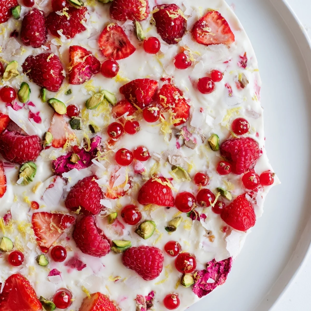 Creamy frozen yogurt bark with vibrant red berries, a refreshing and delicious dessert.