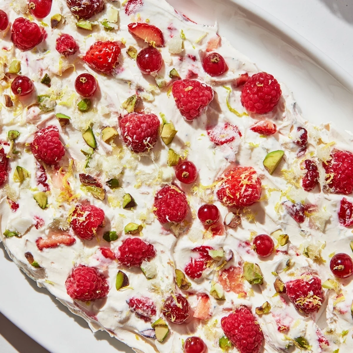 A close-up shot of frozen yogurt bark showcasing fresh berries and a hint of lemon zest.