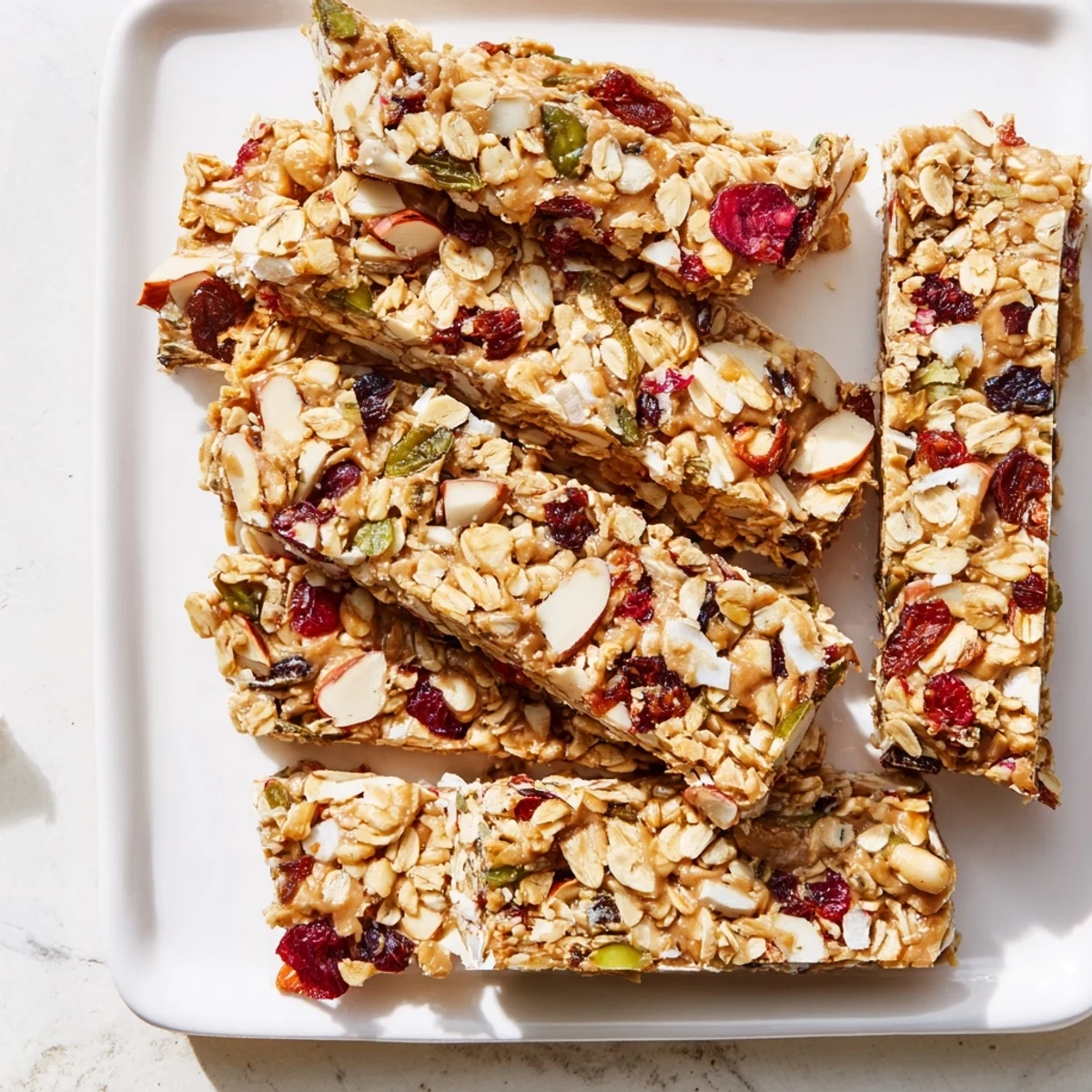 Golden-brown No-Bake Energy Bars, studded with nuts and dried fruit, ready for a delicious bite.