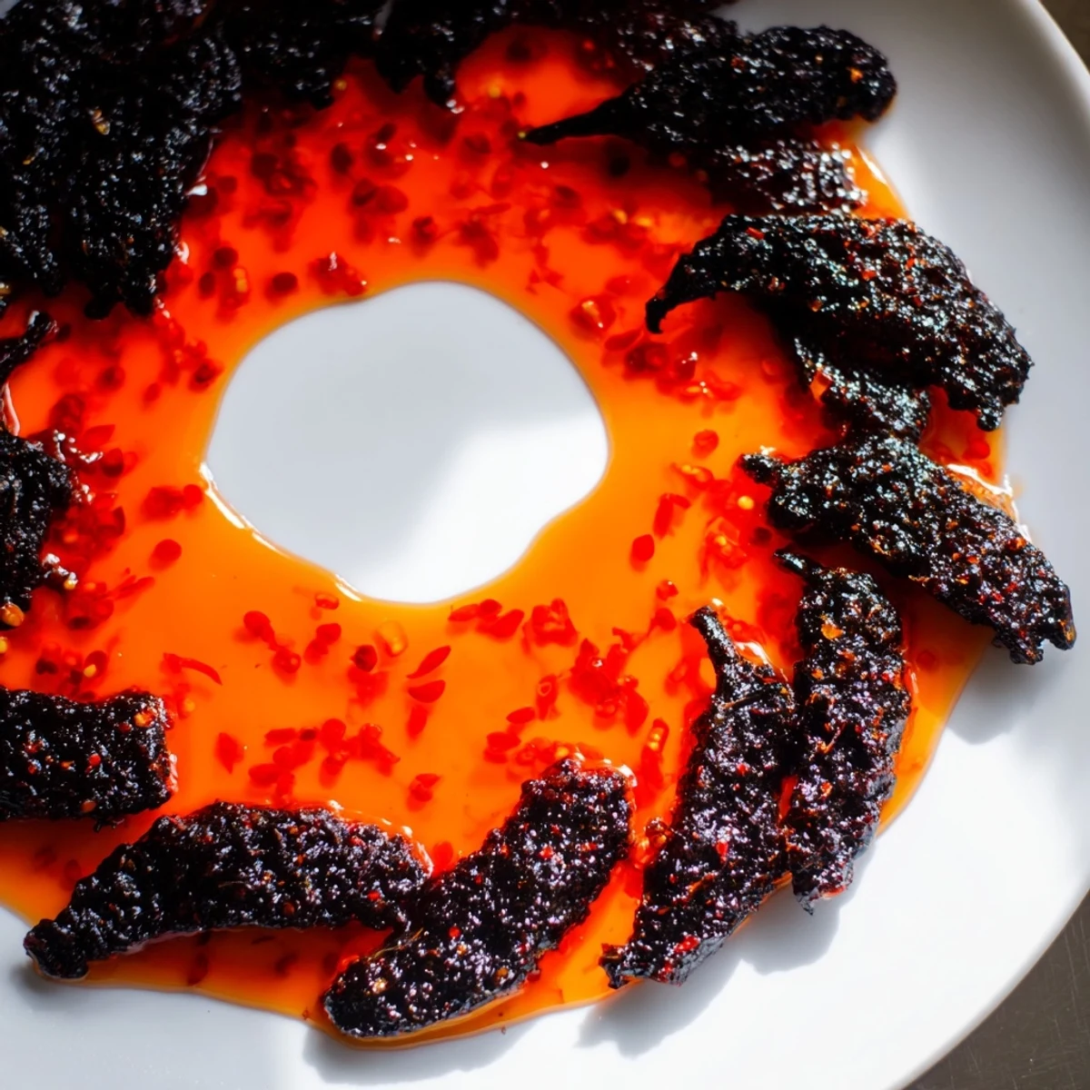 Dramatic image of The Volcanic Flow appetizer: black crackers surround fiery red pepper jelly, ready to serve.