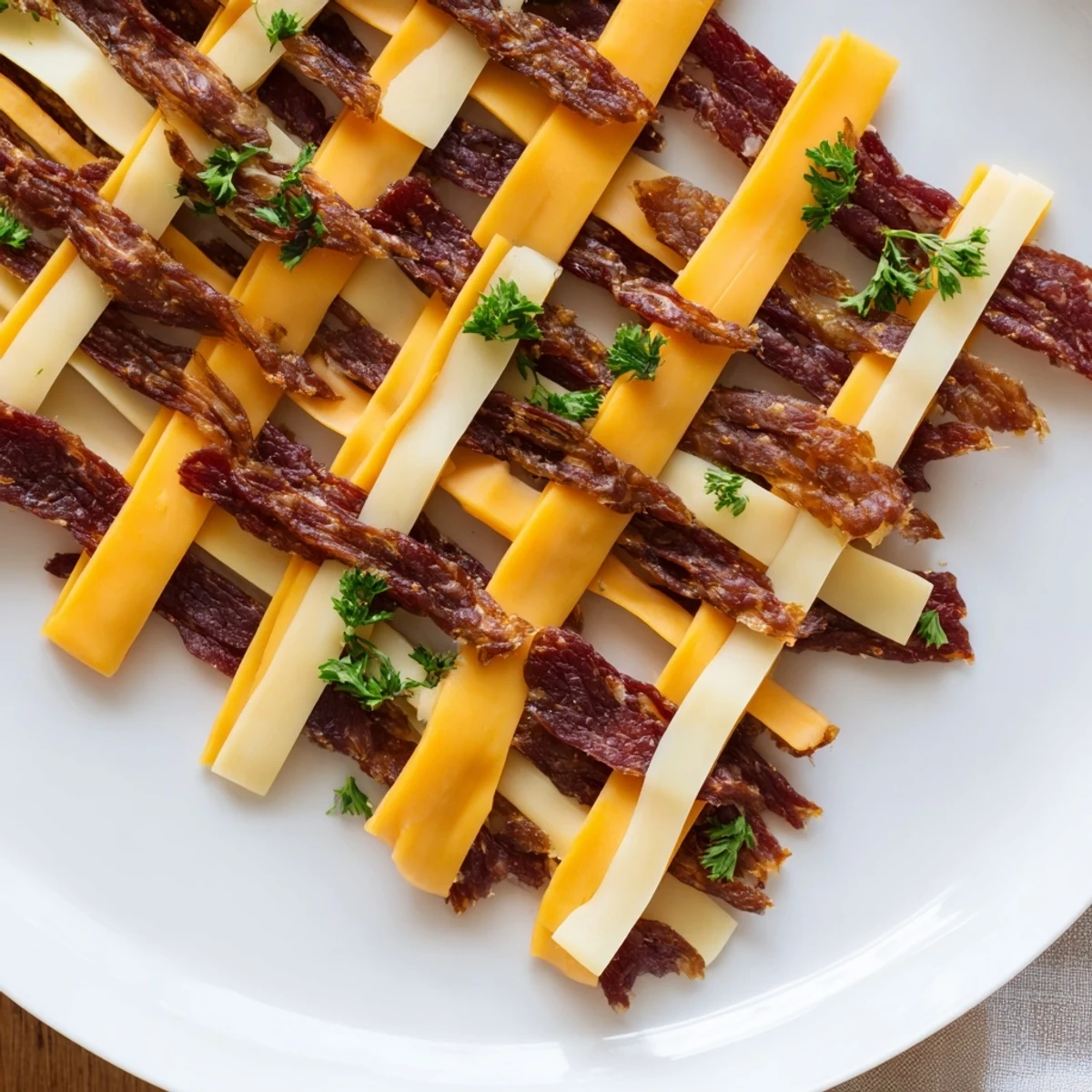 The colorful, woven Tartan Plaid appetizer showcases jerky and cheese, perfect for snacking.