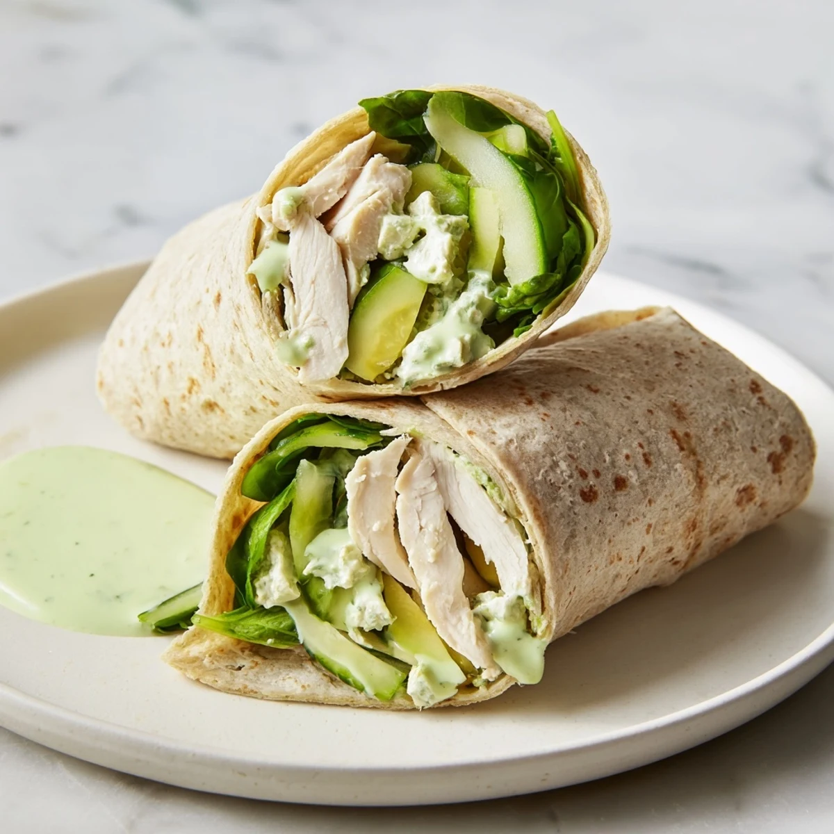 Vibrant Green Goddess Wellness Wrap overflowing with chicken, avocado and fresh herbs ready to eat.