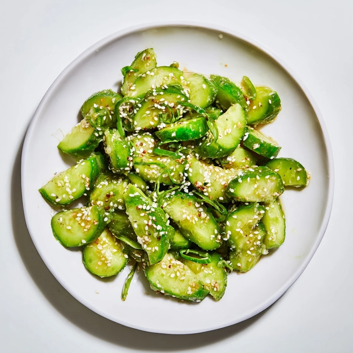 Crisp Cucumber Shaker salad with sesame seeds, showcasing the umami depth and refreshing flavors.