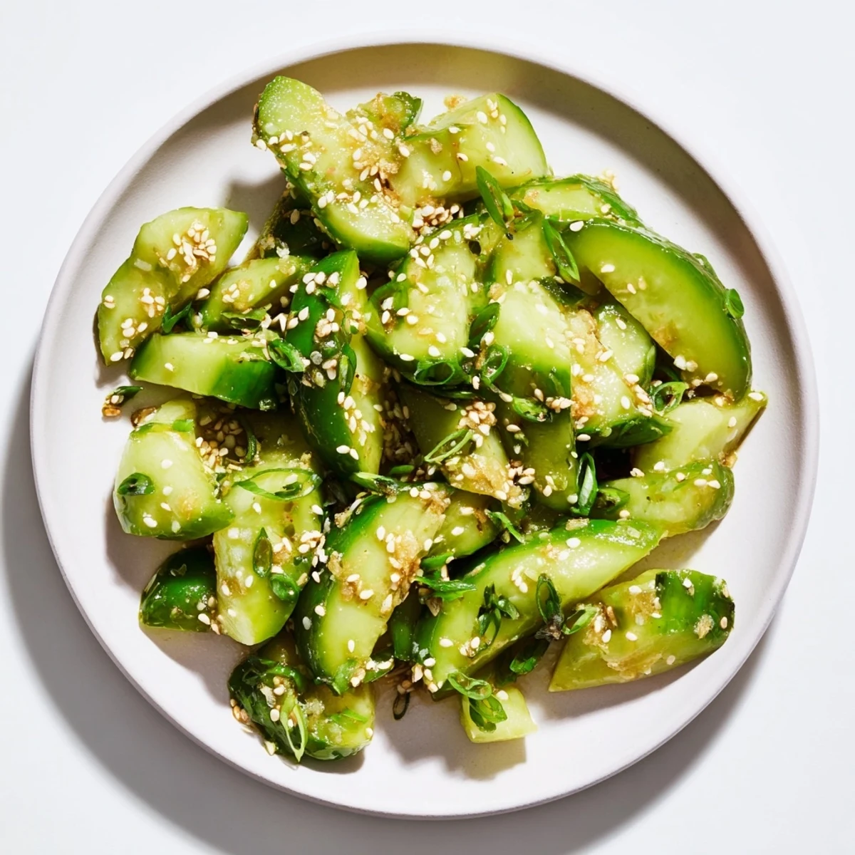 Close-up of the Cucumber Shaker recipe, featuring bright cucumbers and a savory, tangy dressing.