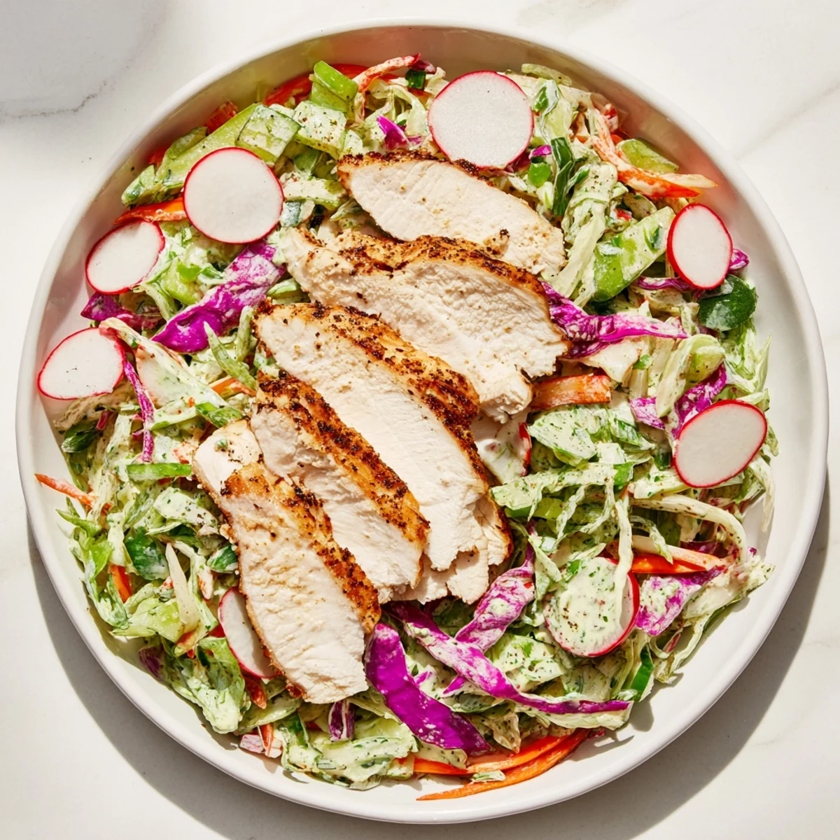 Green Goddess Cabbage Slaw with Grilled Chicken: a colorful plate of slaw, topped with grilled chicken.