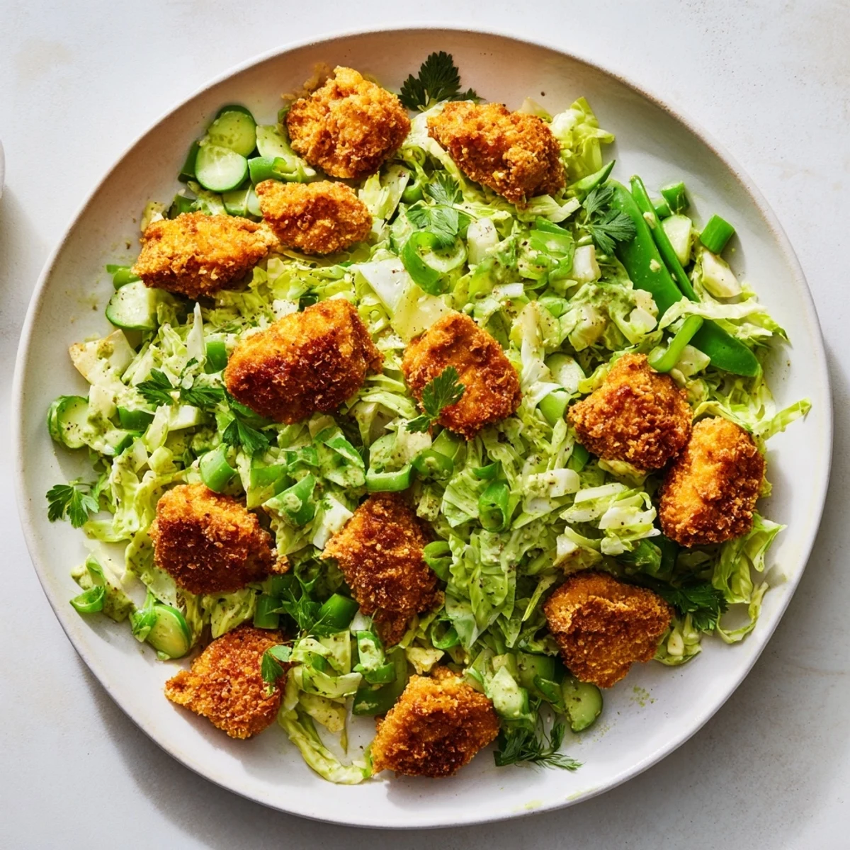 Vibrant Green Goddess Nugget Salad with crispy air-fried nuggets, fresh greens, and creamy dressing.