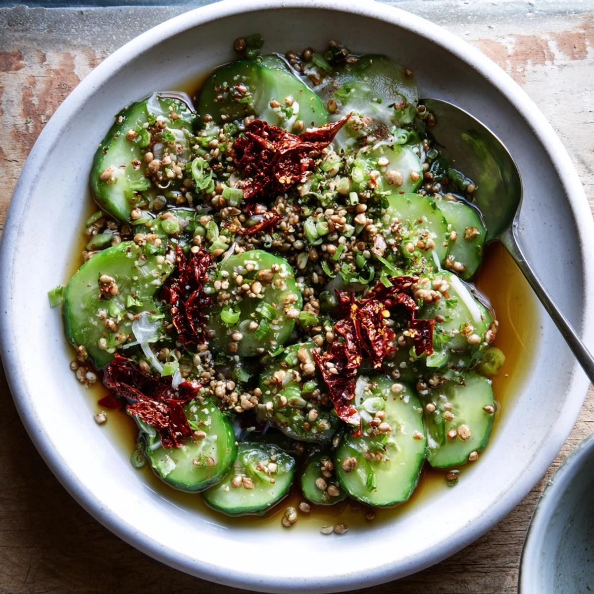 Vibrant cucumber shaker salad: thin cucumbers, a zesty dressing, and a fiery chili crisp topping.