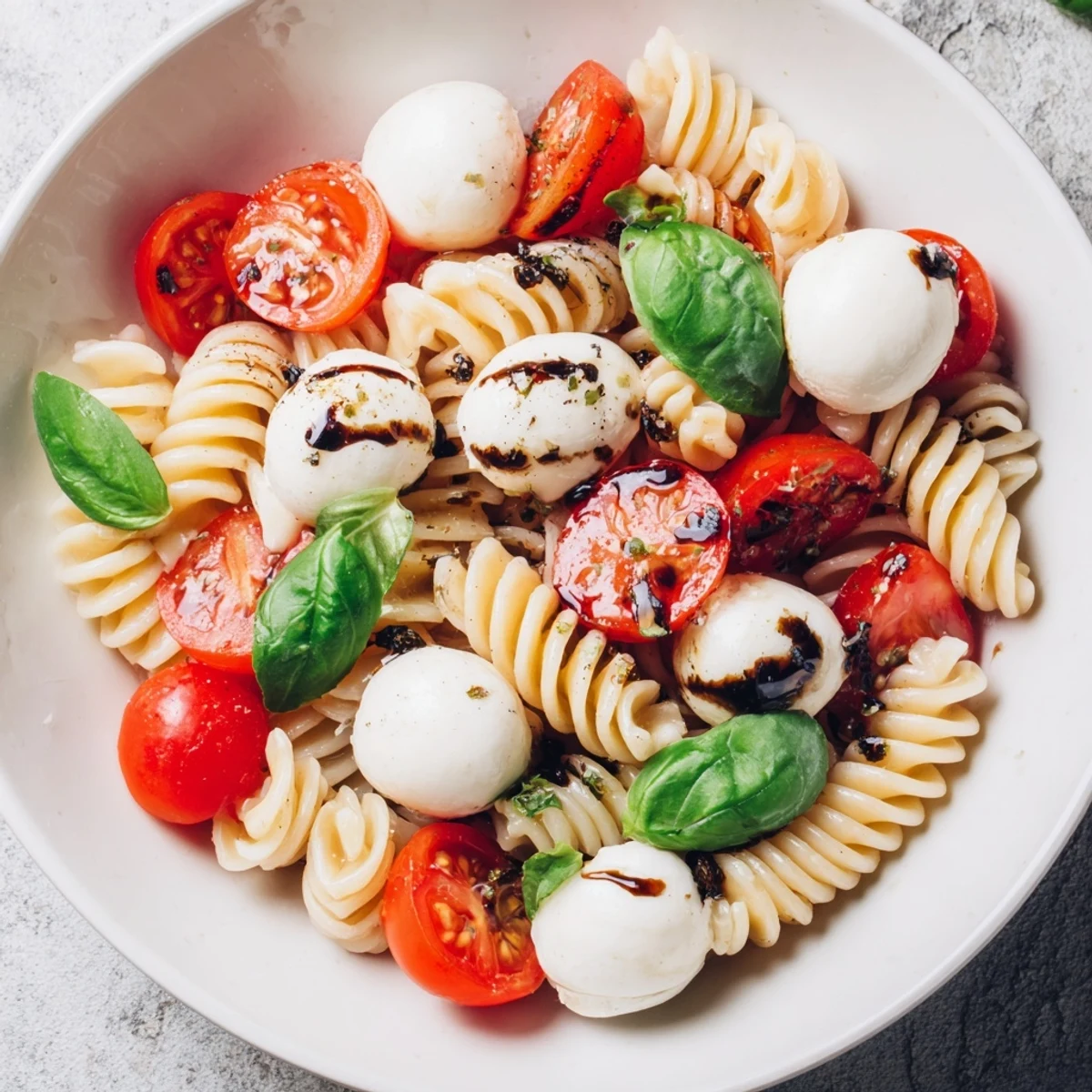 Serve the delicious Caprese Pasta Salad, a quick and easy summer meal ready in minutes.