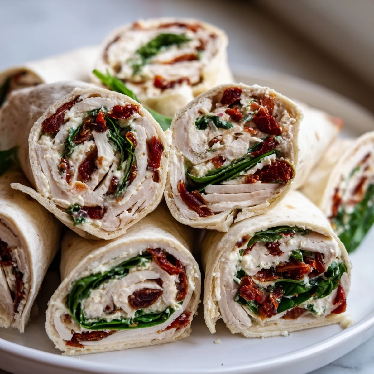 Sun-dried tomato turkey roll-ups, showcasing vibrant filling and neatly sliced, ready to serve as a delicious appetizer.