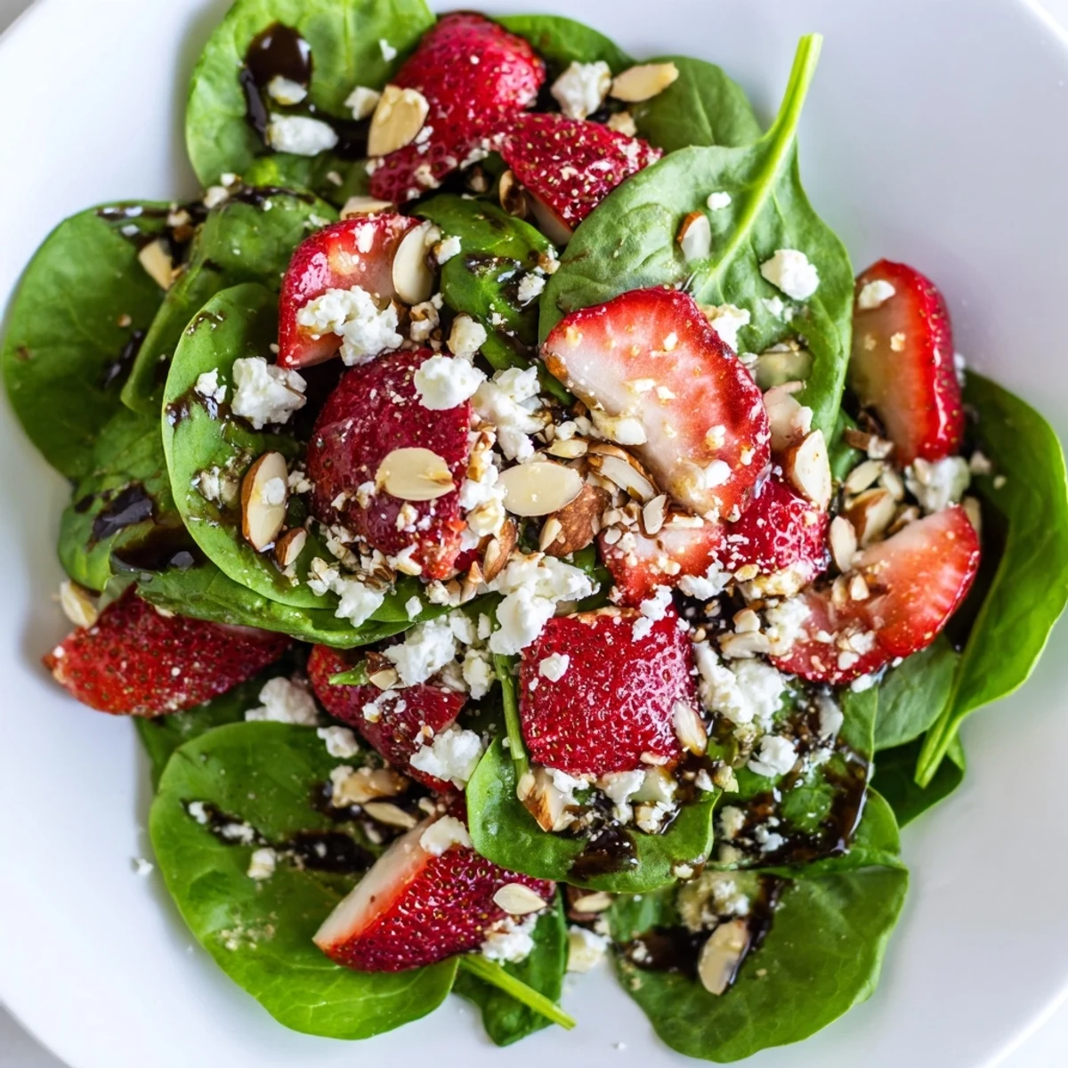 Fresh Strawberry Spinach Salad with creamy feta, crunchy almonds, and a balsamic glaze, served fresh.