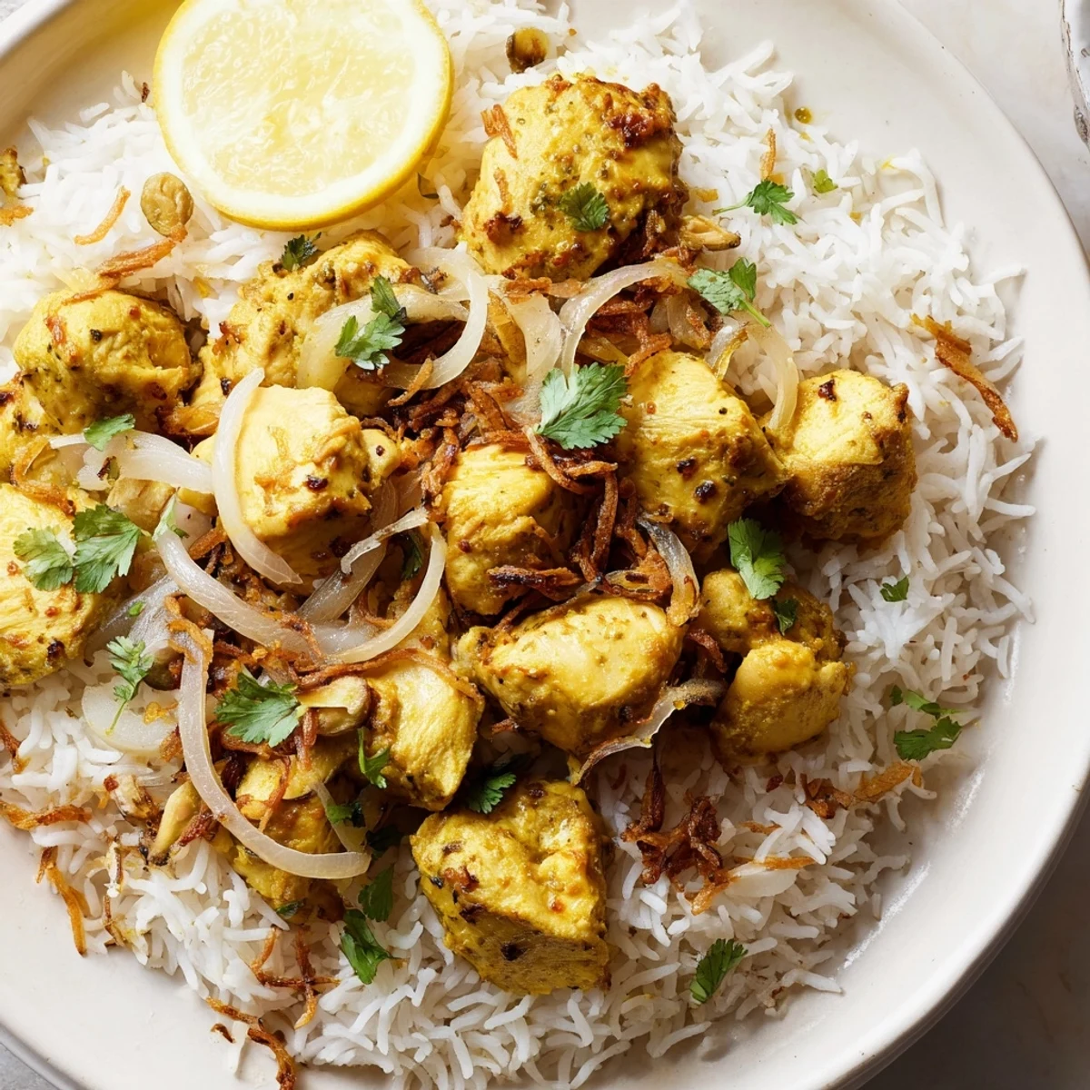Steaming, fragrant Easy Chicken Biryani: tender chicken and spiced rice, ready to serve with fresh cilantro.