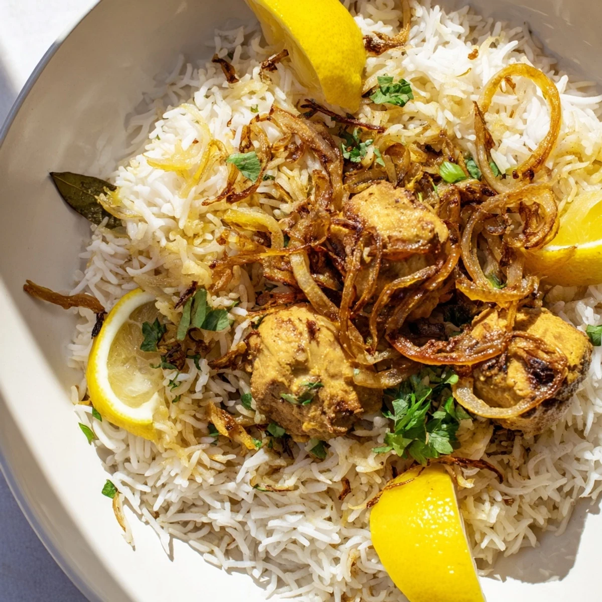 Golden-hued Easy Chicken Biryani showcases fluffy rice and chicken, flavored with aromatic Indian spices in a pot.