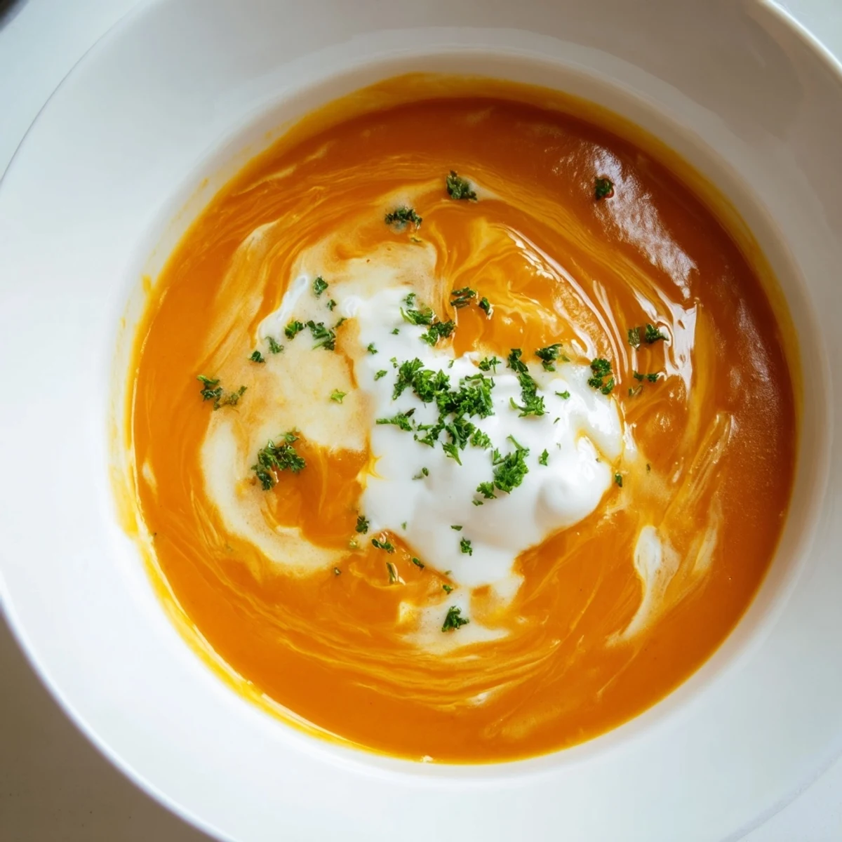 A vibrant close-up of Sweet Maple Carrot Soup, ready to eat with a drizzle of maple syrup.