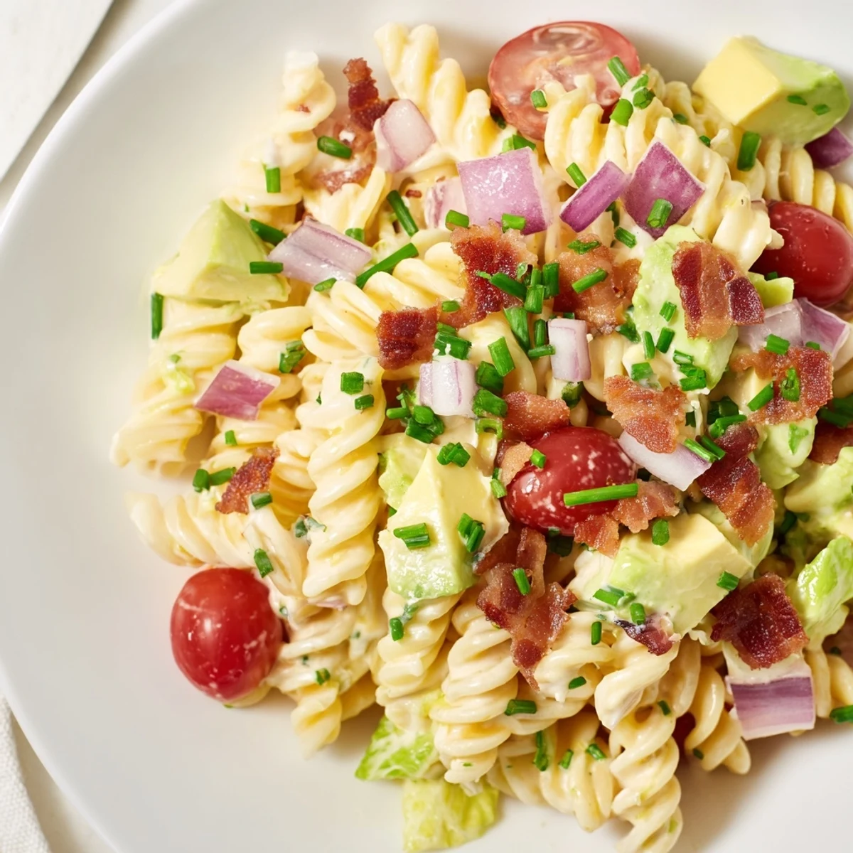 This BLT Pasta Salad showcases vibrant red tomatoes alongside perfectly cooked pasta and bacon bits.